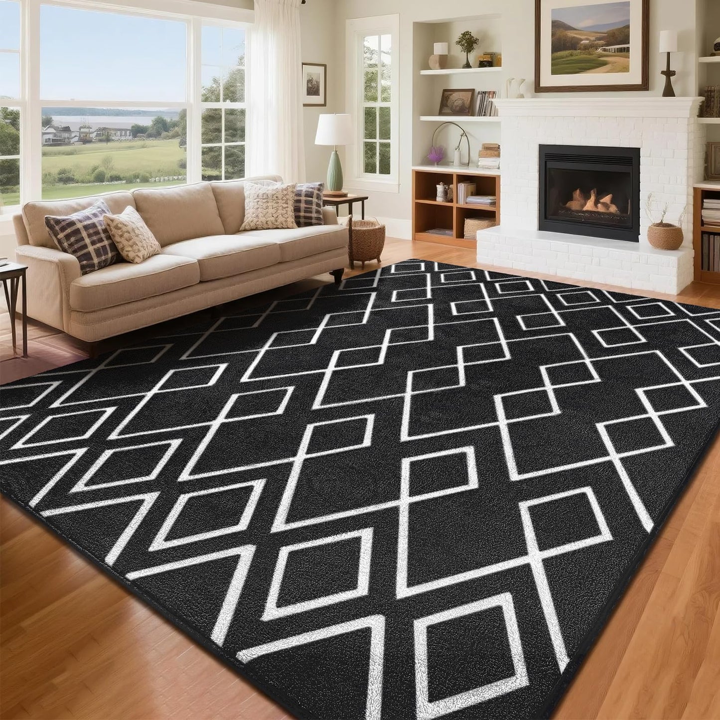 Rtizon Soft Area Rug for Bedroom, 5x7Ft Moroccan Rugs for Living Room, Geometric Non-Slip Carpet with Memory Foam for Boys Girls's Bedside Office Dorm Farmhouse, Black and White
