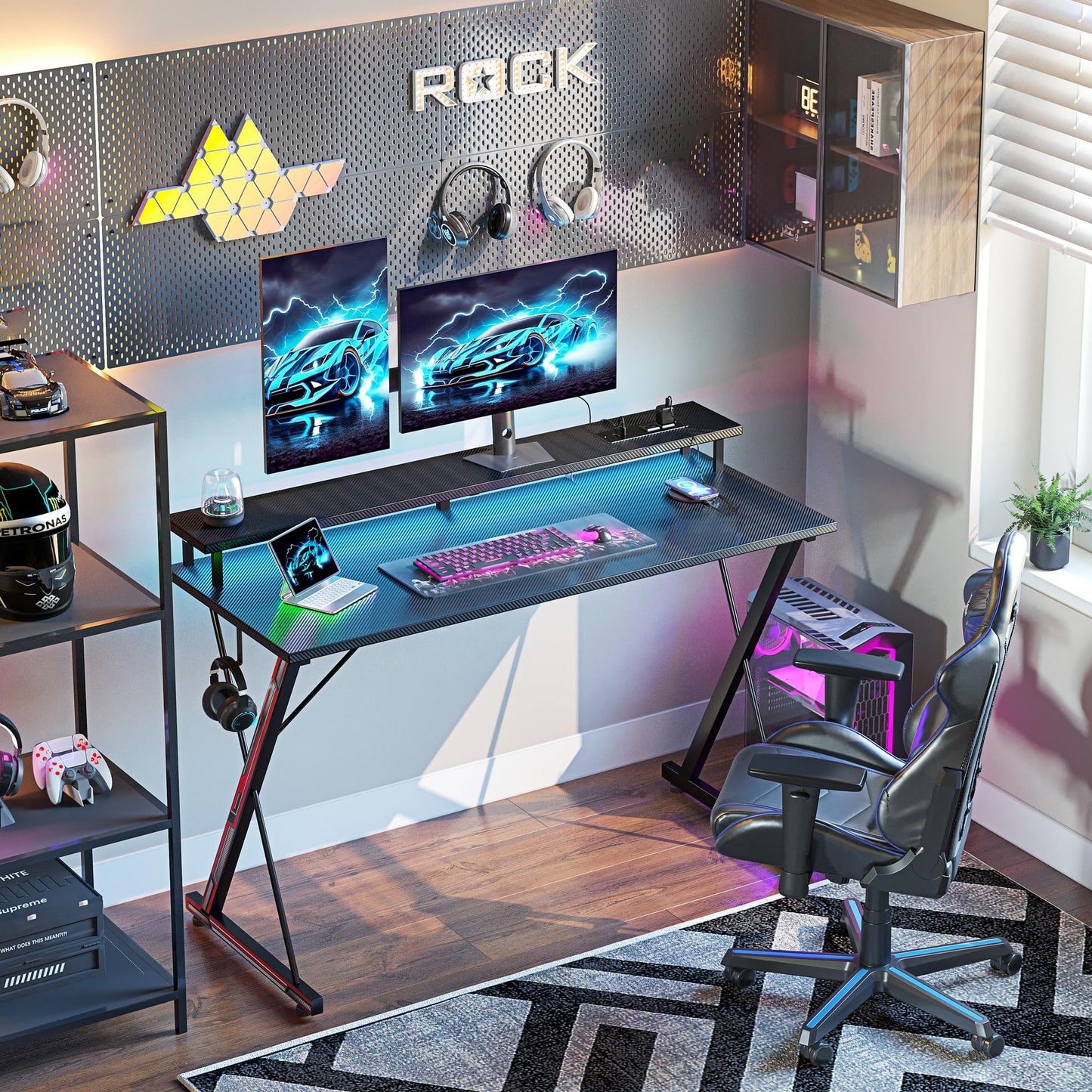 BEXEVUE Gaming Desk with Power Outlets LED - 40 inch Ergonomic Computer Gamer Table, PC Monitor Stand, X Frame, Headphone Hook, Workstation for Study Bedroom Home Office, Black