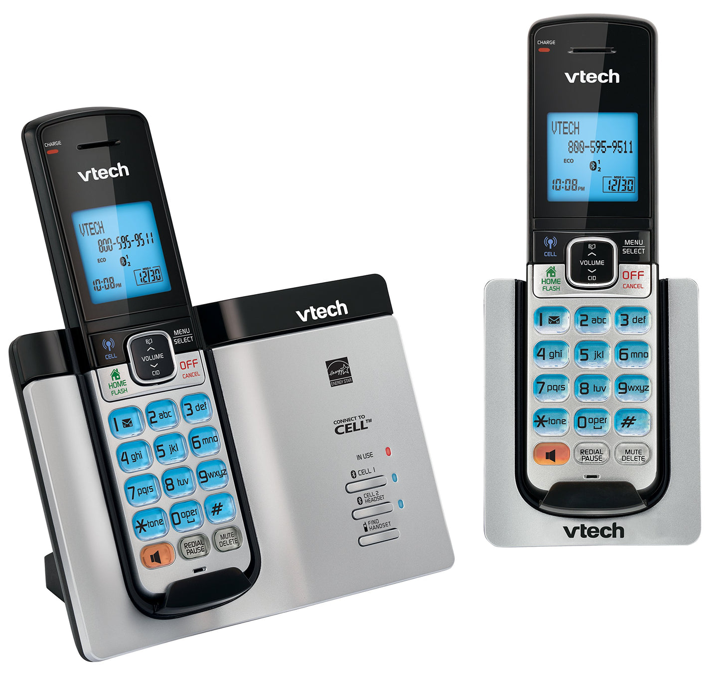 Vtech DECT 6.0 2 Cordless Phones with Bluetooth Connect-to-Cell, Caller ID, Handset Speaker Phones, Black and Silver