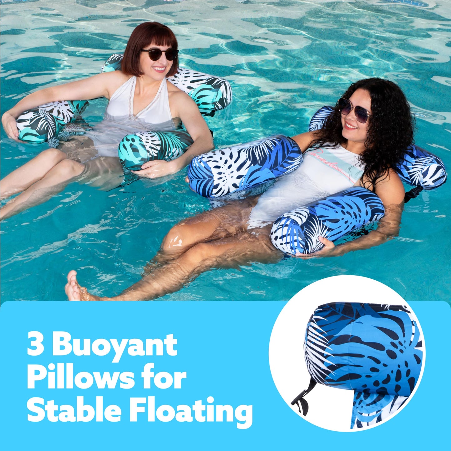 SLOOSH Inflatable Pool Floats Adult,2 Packs Floating Lounge Chairs,Blow up Pool Noodles for Adult Heavy Duty,Floating Chair for Party Summer Water Beach Lake Fun,Tropical Leaves-Green,Blue