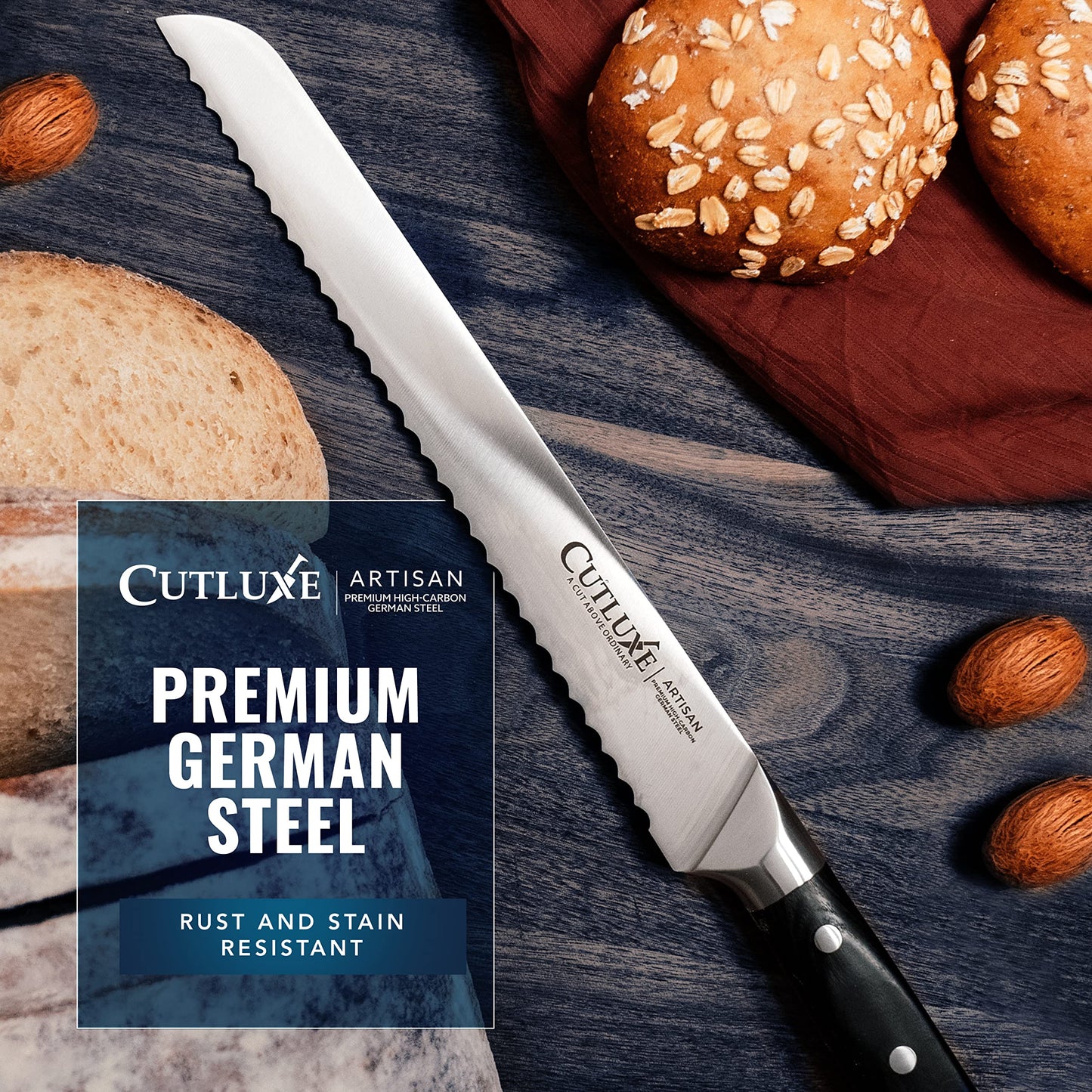 Cutluxe Bread Knife, 10" Serrated Knife, Perfect for Homemade, Sourdough Bread – High Carbon German Steel, Full Tang, Ergonomic Handle Design – Artisan Series