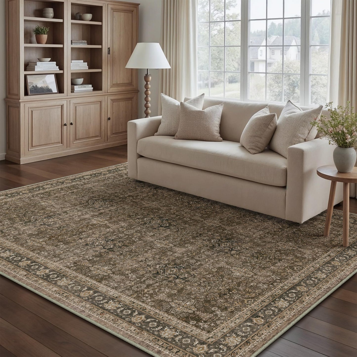 PureCozy Brown Area Rug 5x7 Living Room Machine Washable Vintage Carpet Non Slip Indoor Retro Traditional Accent Throw Large Rug for Office Kitchen Bedroom Dining Room