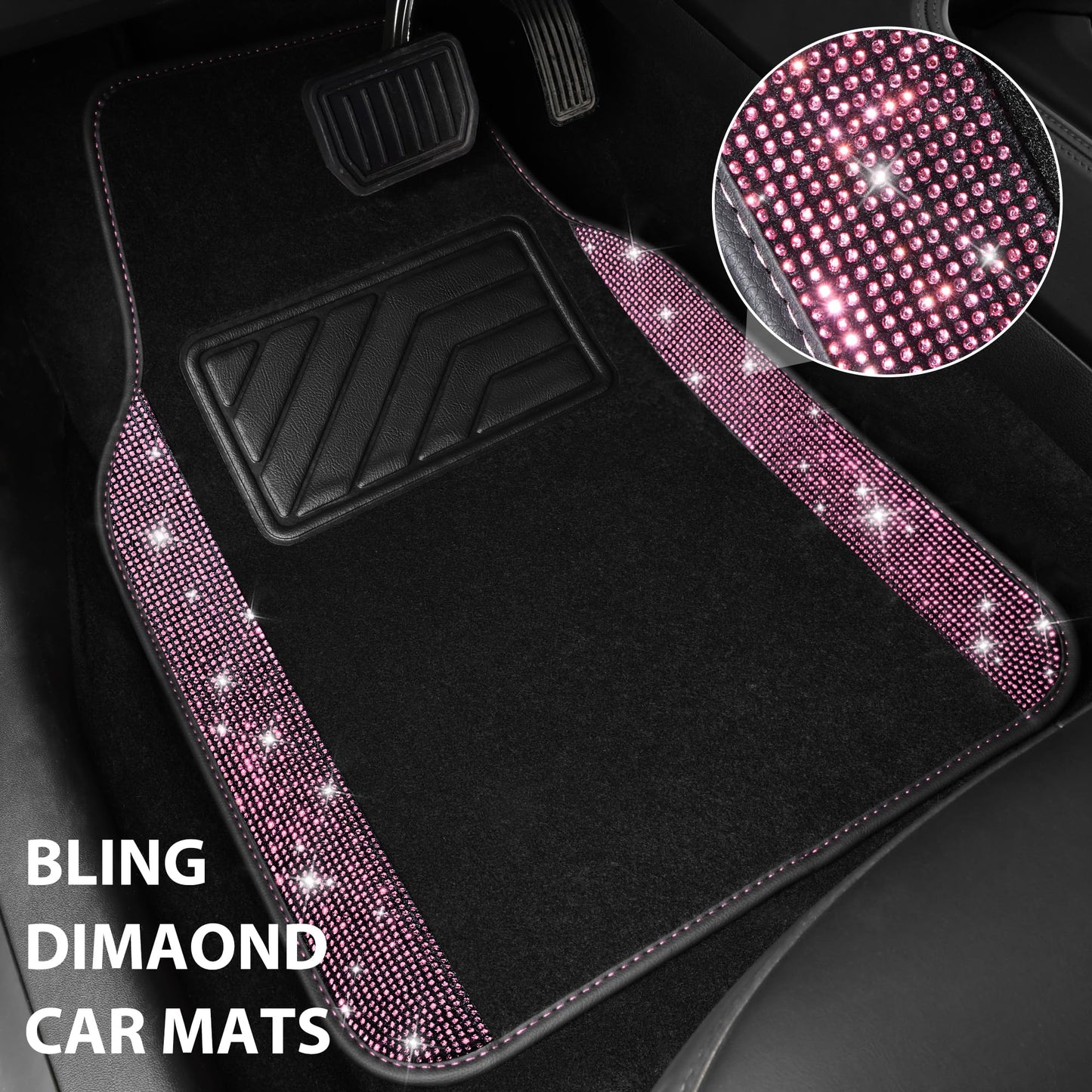 CAR PASS Shining Rhinestones Carpet, Bling Crystal Diamond Sparkly Glitter Car Floor Mat, Anti-Slip PVC Heel Pad Automotive Universal Fit for SUV Sedan Car Van, 4pcs for Girl Cute Women (Black Pink)