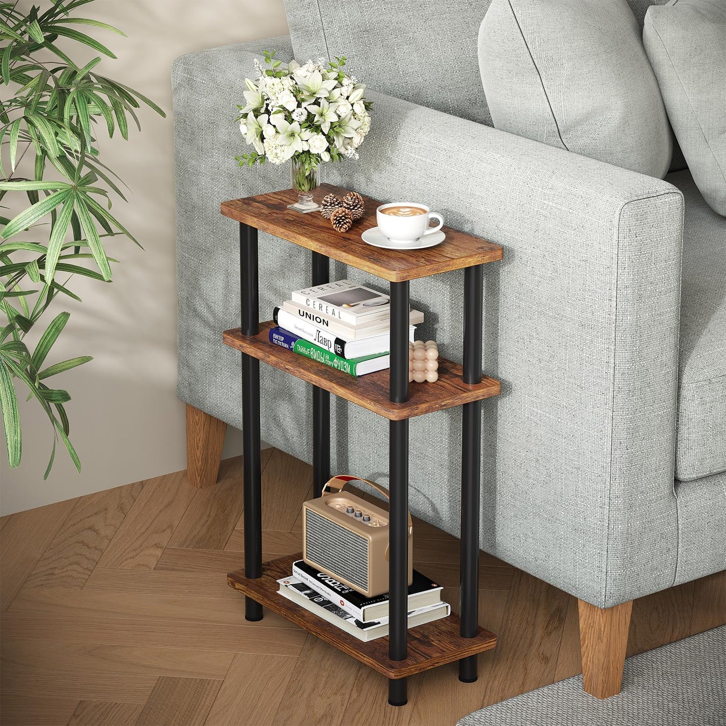 Apicizon Small Narrow Side Table, 3-Tier Skinny End Table for Small Spaces, Slim Nightstand with Storage Shelf, Bedside Table for Living Room, Bedroom, Rustic Brown and Black