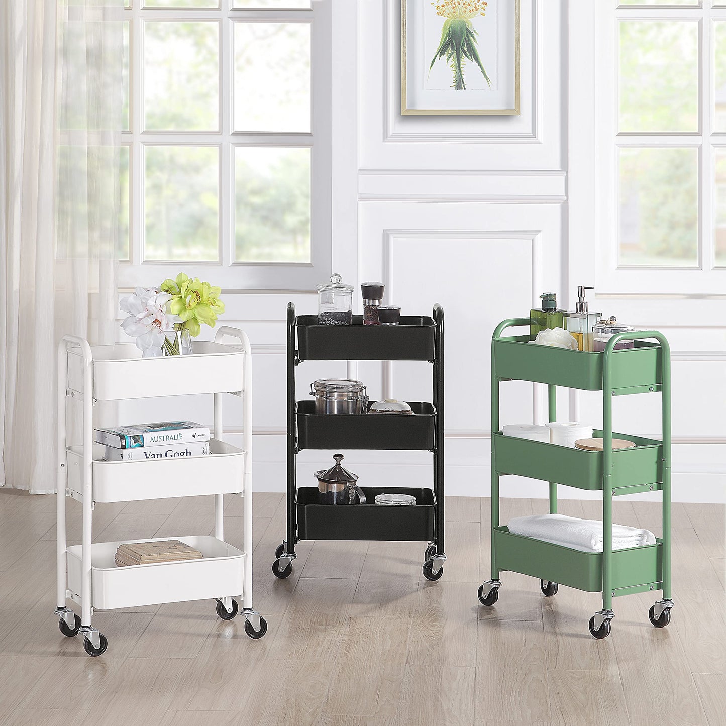 SunnyPoint 3-Tier Delicate Compact Rolling Metal Storage Organizer - Mobile Utility Cart Kitchen/Under Desk Cart with Caster Wheels - BLK (15.35" X 10.24" X 26.8"H)
