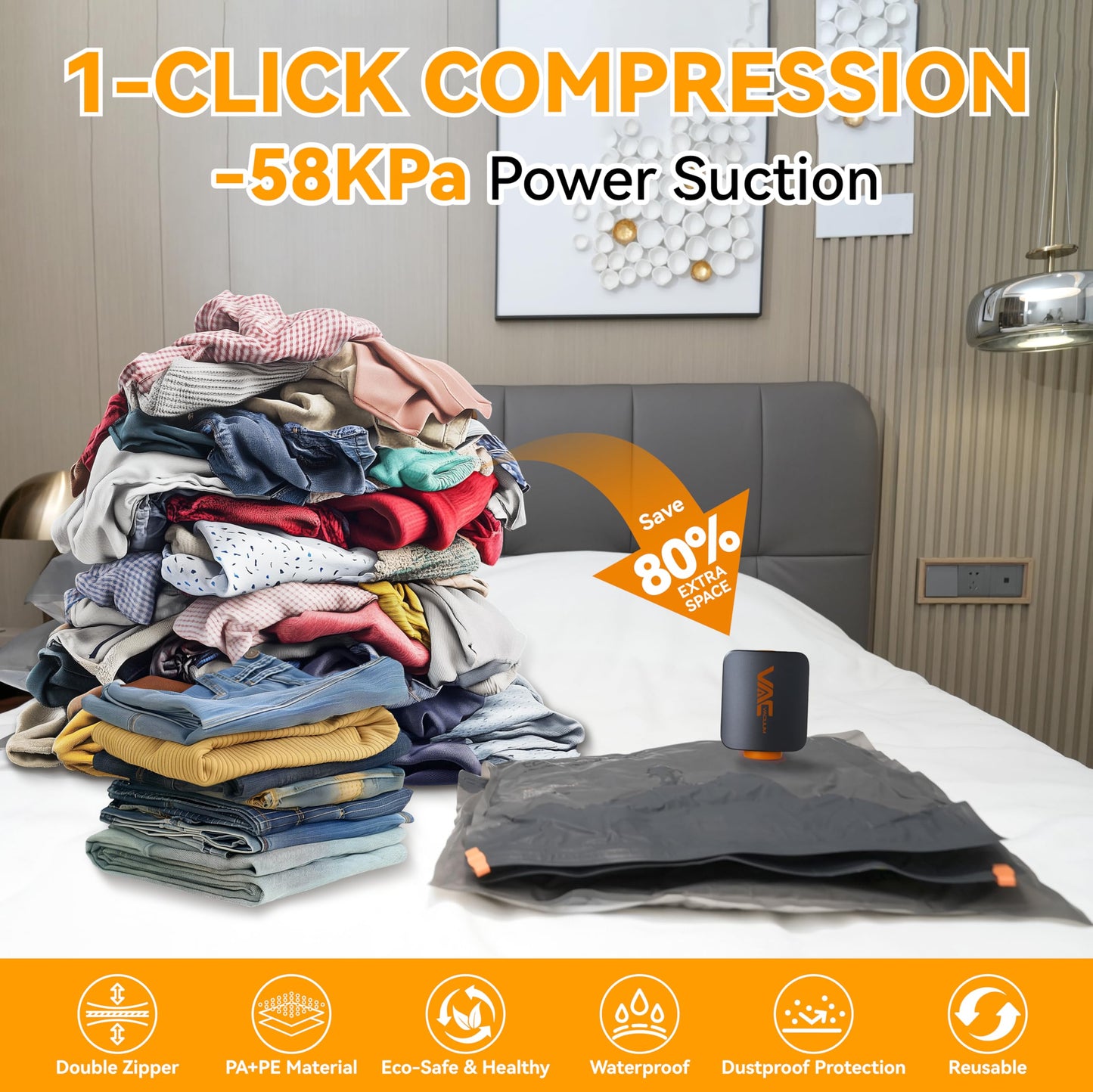 Vacuum Seal Bags for Clothing with Rechargeable Cordless Pump, 18 Pack Vacuum Storage Space Saver Bags, Compression Packing Seasonal Storage for Clothes Bedding Blanket Pillows Comforters