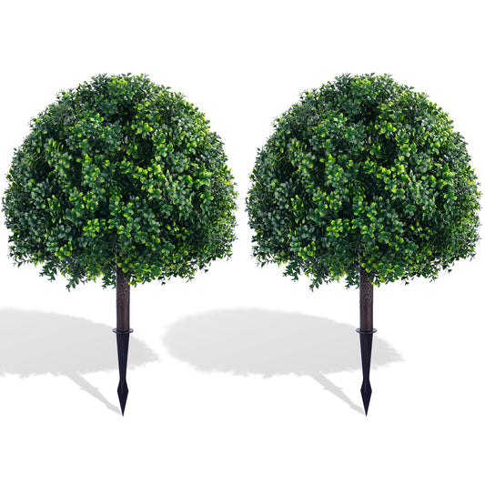 24.8" Outdoor Artificial Topiary Boxwood Tree, Faux Plants Shurbs with Spike, 2 Set Topiary Ball Tree Waterproof UV Resistant Fake Pot Filler Plants for Porch Home Outside Garden Spring Decor