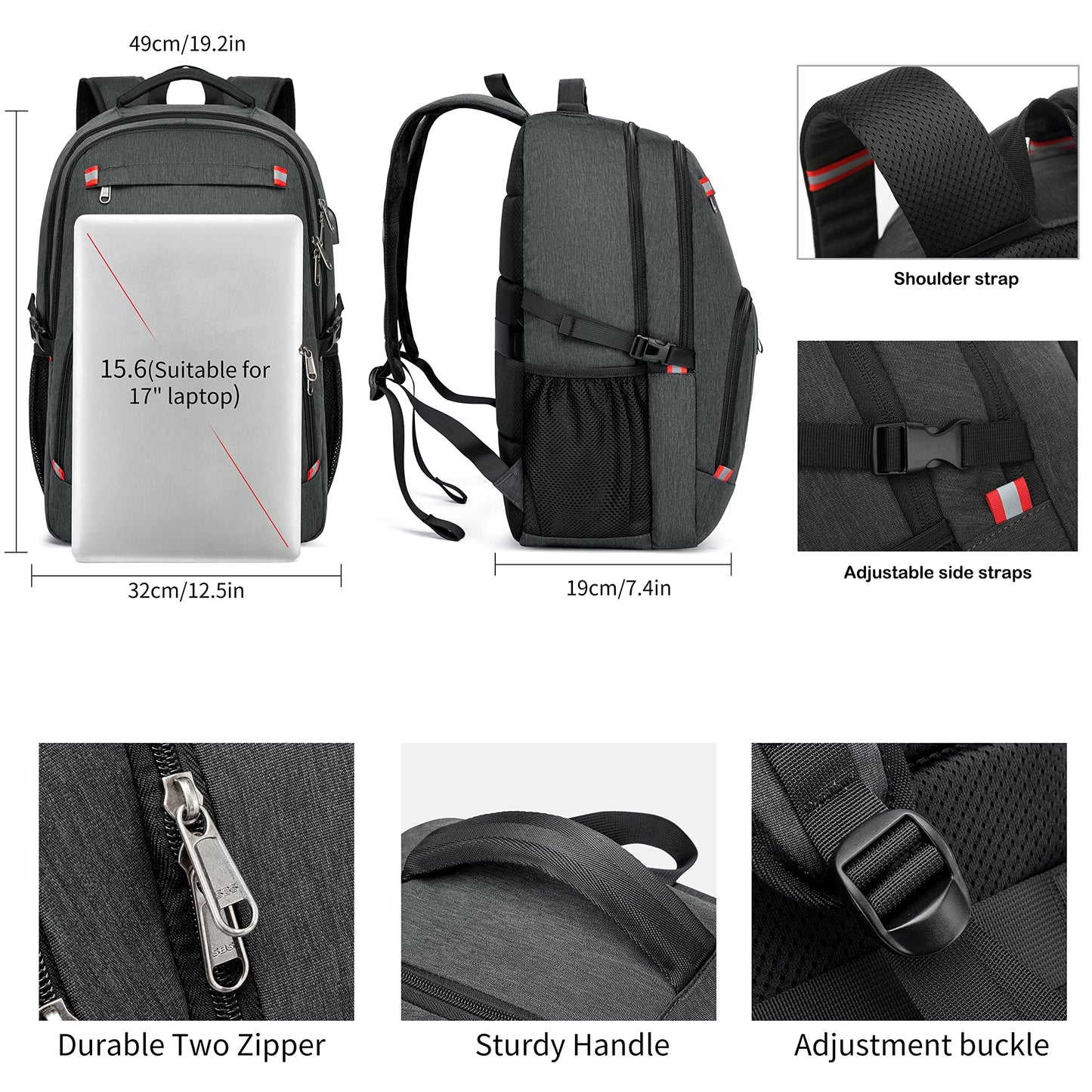 Cafele Backpack,Waterproof Large 17in Laptop Backpack for Trip School Work Bookbag Computer Rucksack with USB Charging Port,Water Resistant Sturdy Backpack for Men Women,Grey