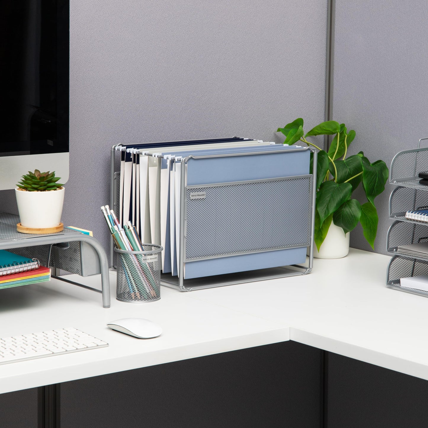Mind Reader Hanging File Folder Organizer, Desktop Organizer, Storage, Office, Metal Mesh, 13"L x 9.75"W x 10.25"H, Silver