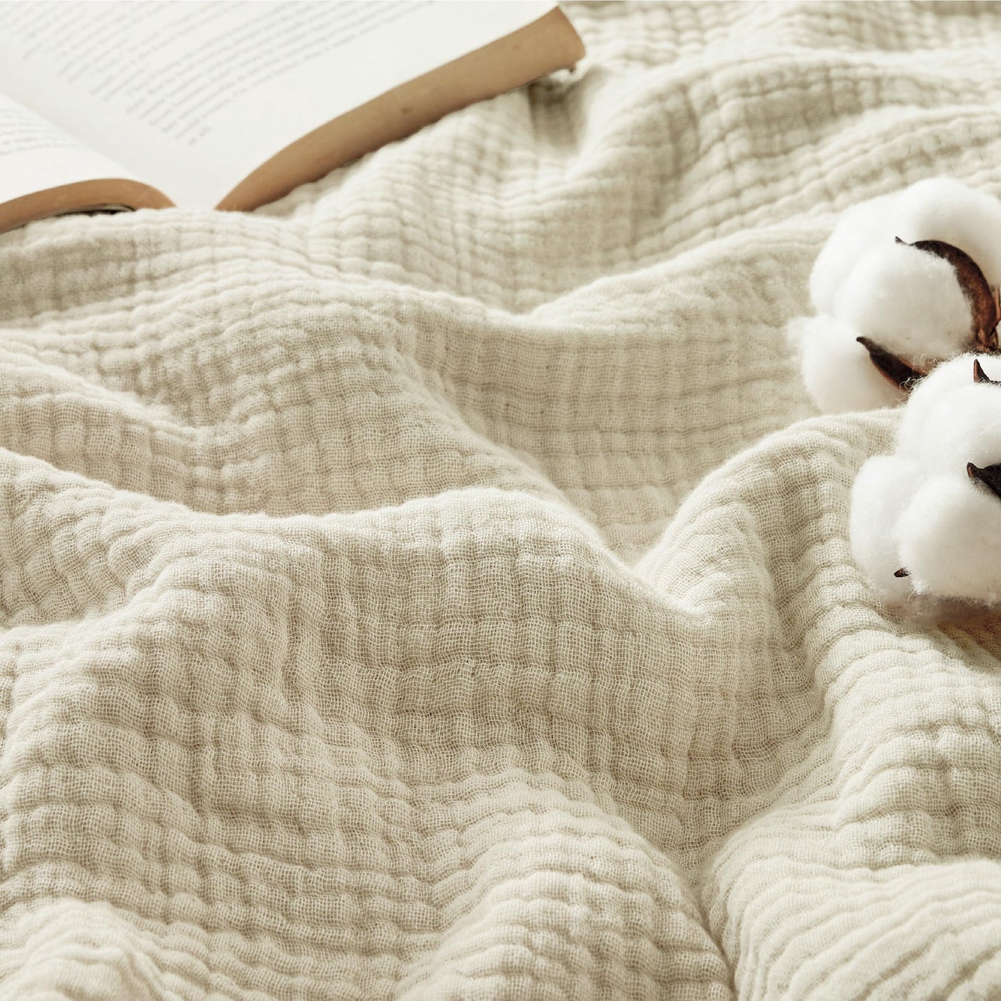 Bedsure 100% Cotton Muslin Throw Blanket - King Size for Bed, 4-Layer Breathable and Lightweight Thin Soft Summer Gauze Muslin Blanket for Adults, Linen Beige, 108x90 Inches