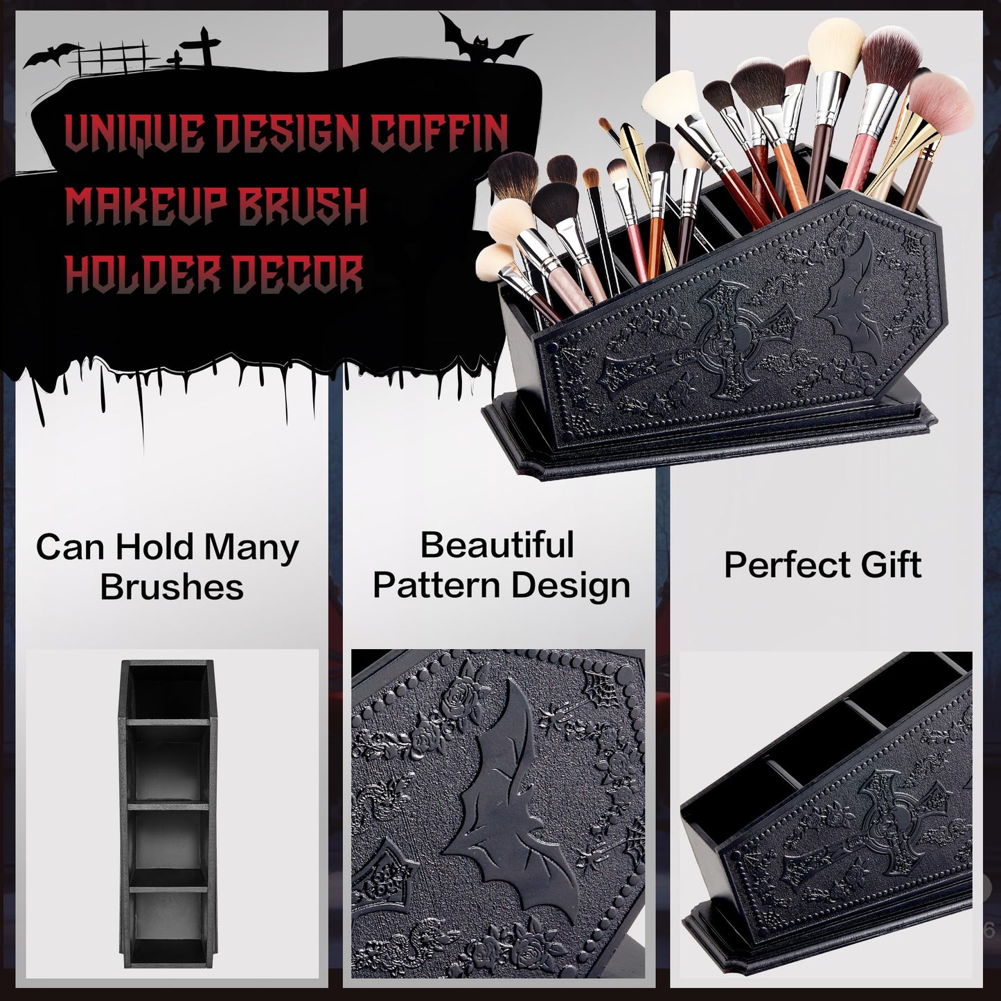 Coffin Decor Makeup Brush Holder,Spooky Witchy Gifts for Women,Skull Cosmetic Display Cases,Goth Decor Pen Holder, Vanity, Desk, Office Organizer for Bedroom Bathroom