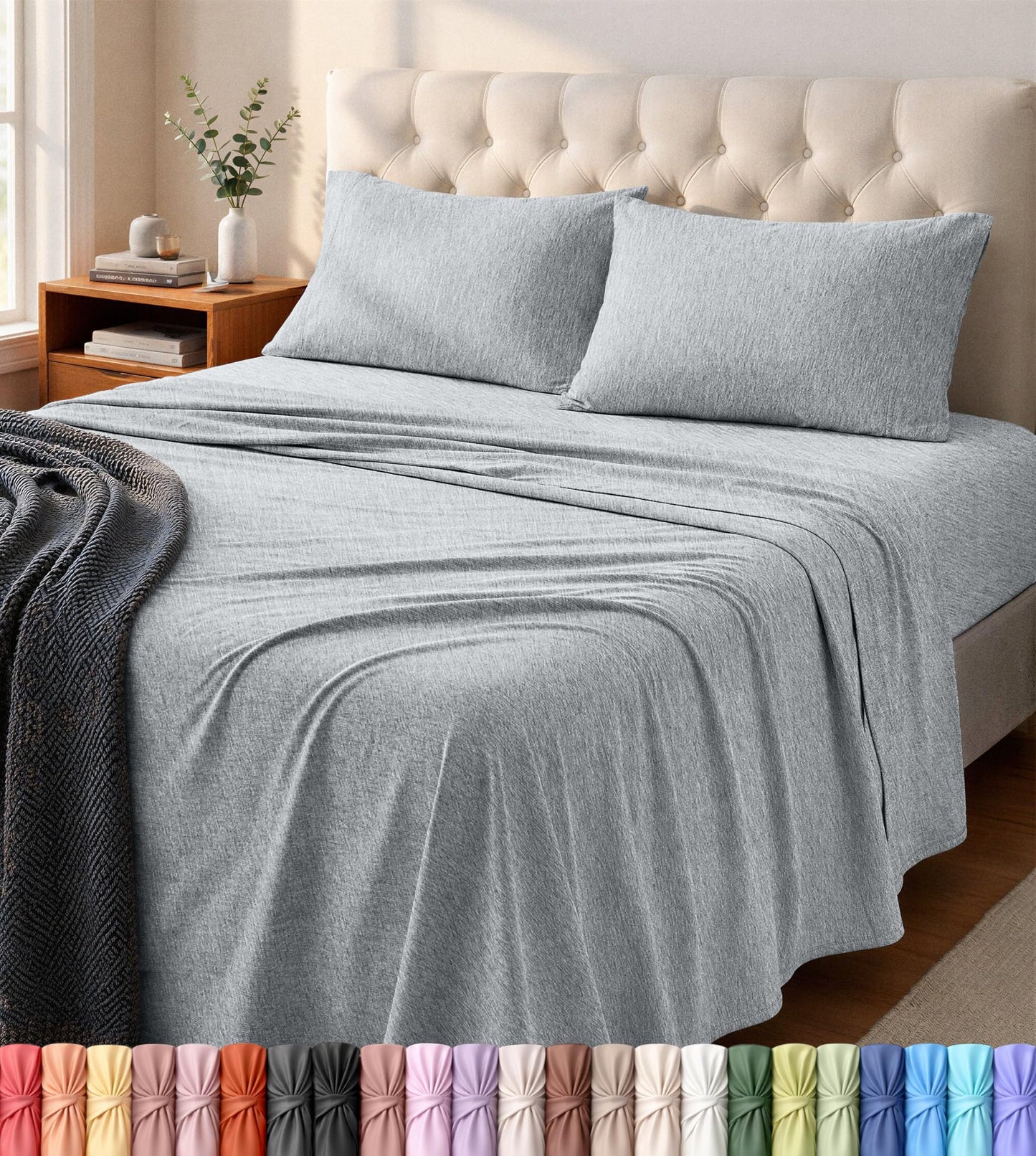 Utopia Bedding Jersey Knitted Bed Sheet Set - 4 Pieces, King - Soft Brushed Jersey Fabric, Light Grey