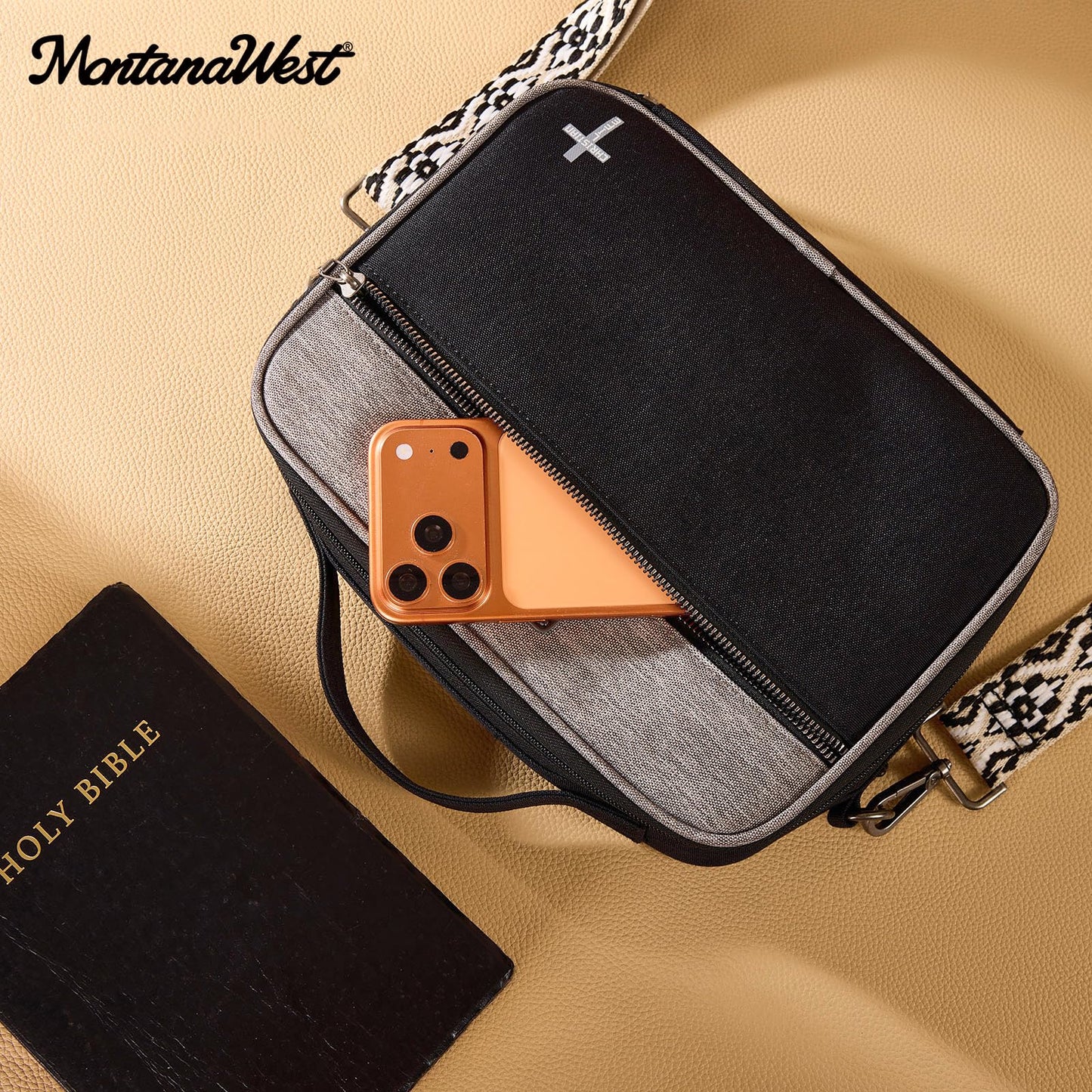 Montana West Bible Covers for Women Men with Leather Bookmark Carrying Book Case Church Bag Bible Protective with Zippered Pocket MWC-126AGY/BK