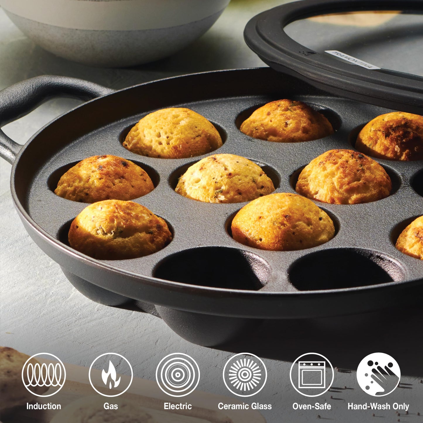 Tramontina Utsava Pre-Seasoned Cast Iron Appam Pan, 12-Hole Appe Pan with Lid, Great for Paniyaram, Takoyaki and More