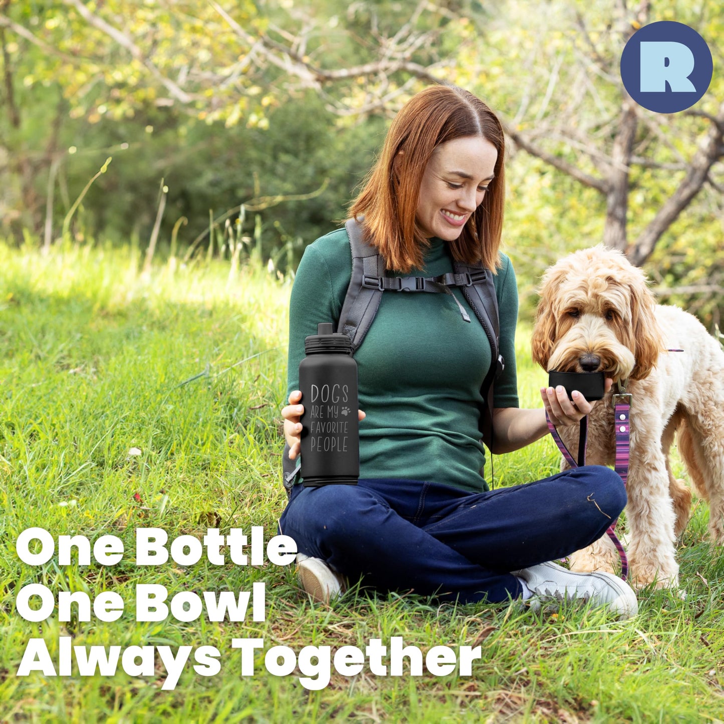 Dog Water Bottle for Dog Lovers - 32 oz Stainless Steel Double Wall Insulated Water Bottle with 8 oz Detachable Bowl on Bottom- Ideal for Doggy Lovers - “Favorite People” Black