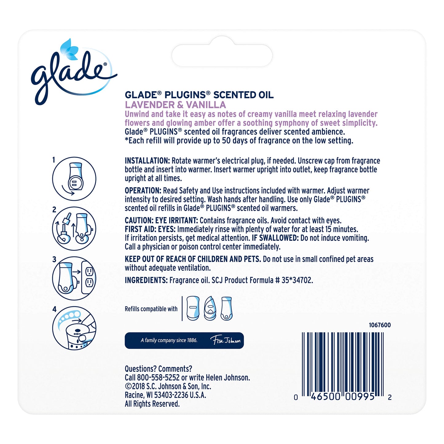 Glade PlugIns Refills Air Freshener, Scented and Essential Oils for Home and Bathroom, Lavender & Vanilla, 3.35 Fl Oz, 5 Count