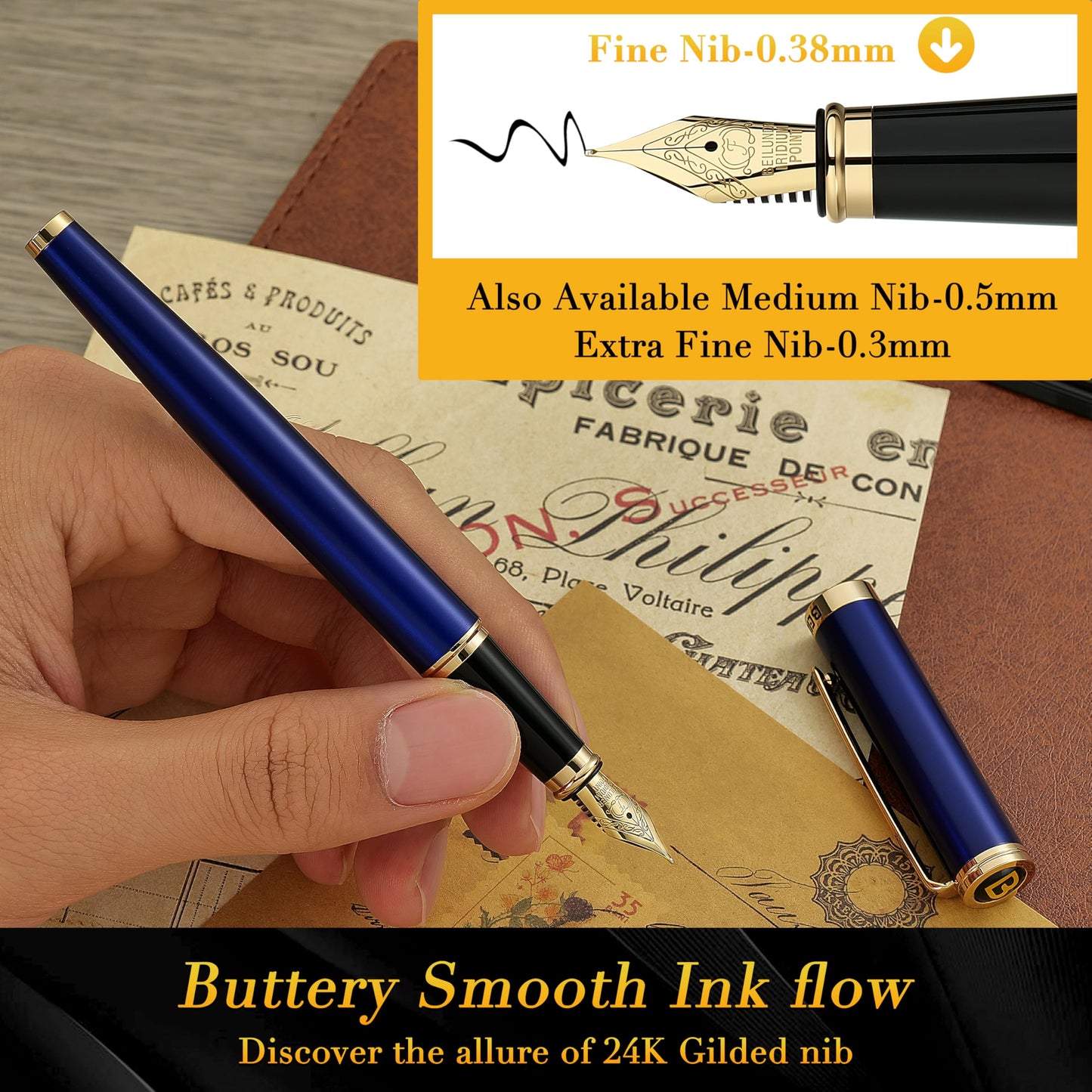 BEILUNER Blue Fountain Pen,Stunning Luxury Lacquer, 24K Gilded Nib(Fine),Gorgeous 24K Gold Accents, with Ink Converter,Fancy Gift for Men&Women-Smooth,Elegant,Graduation,Reliable,Nice Pens for Writing
