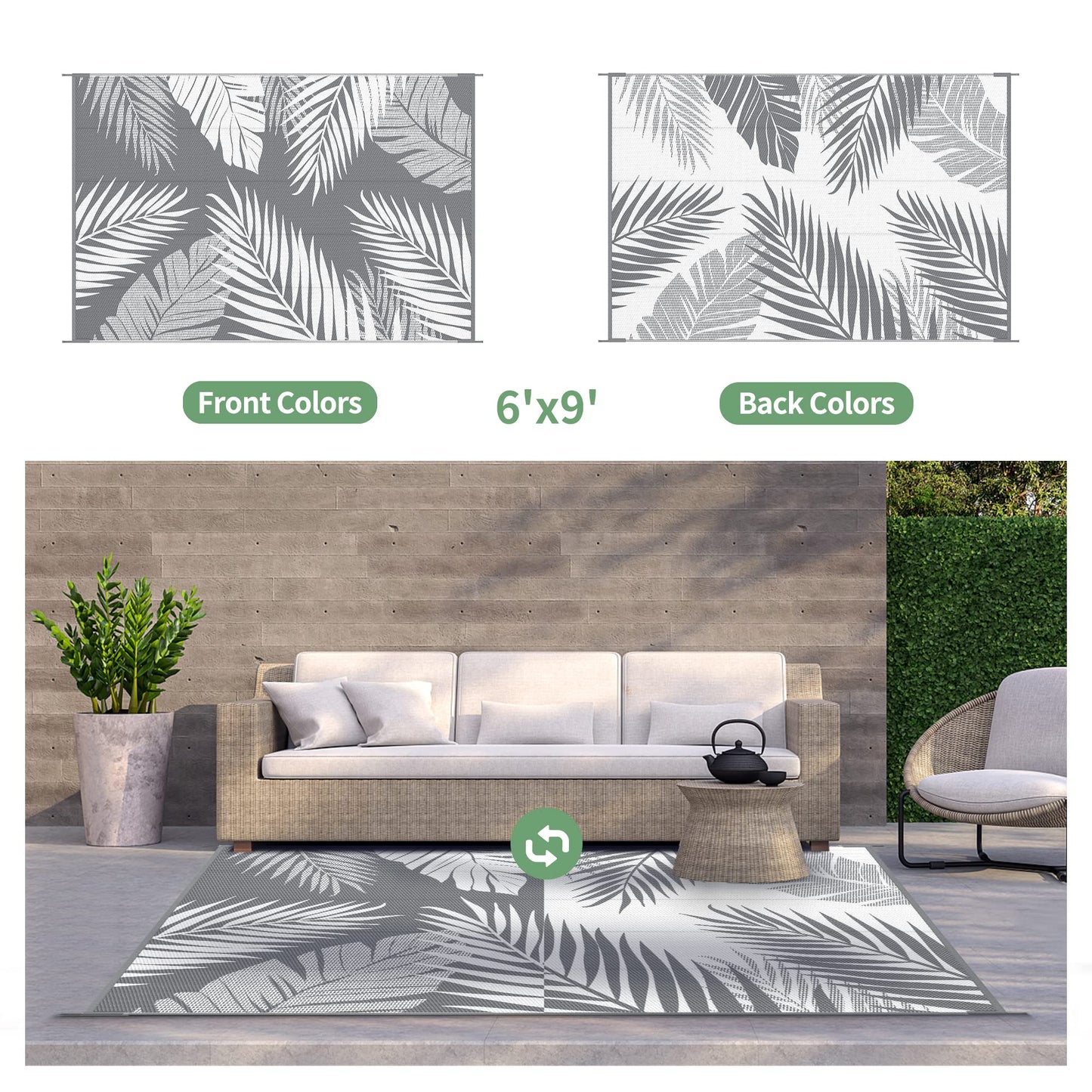GENIMO Outdoor Rug Waterproof for Patios Clearance, Reversible Outdoor Plastic Straw Camping Rug Carpet, Large Area Rugs Mats for RV, Camper, Deck, Balcony, Porch, Backyard, Beach, Picnic. Leaf