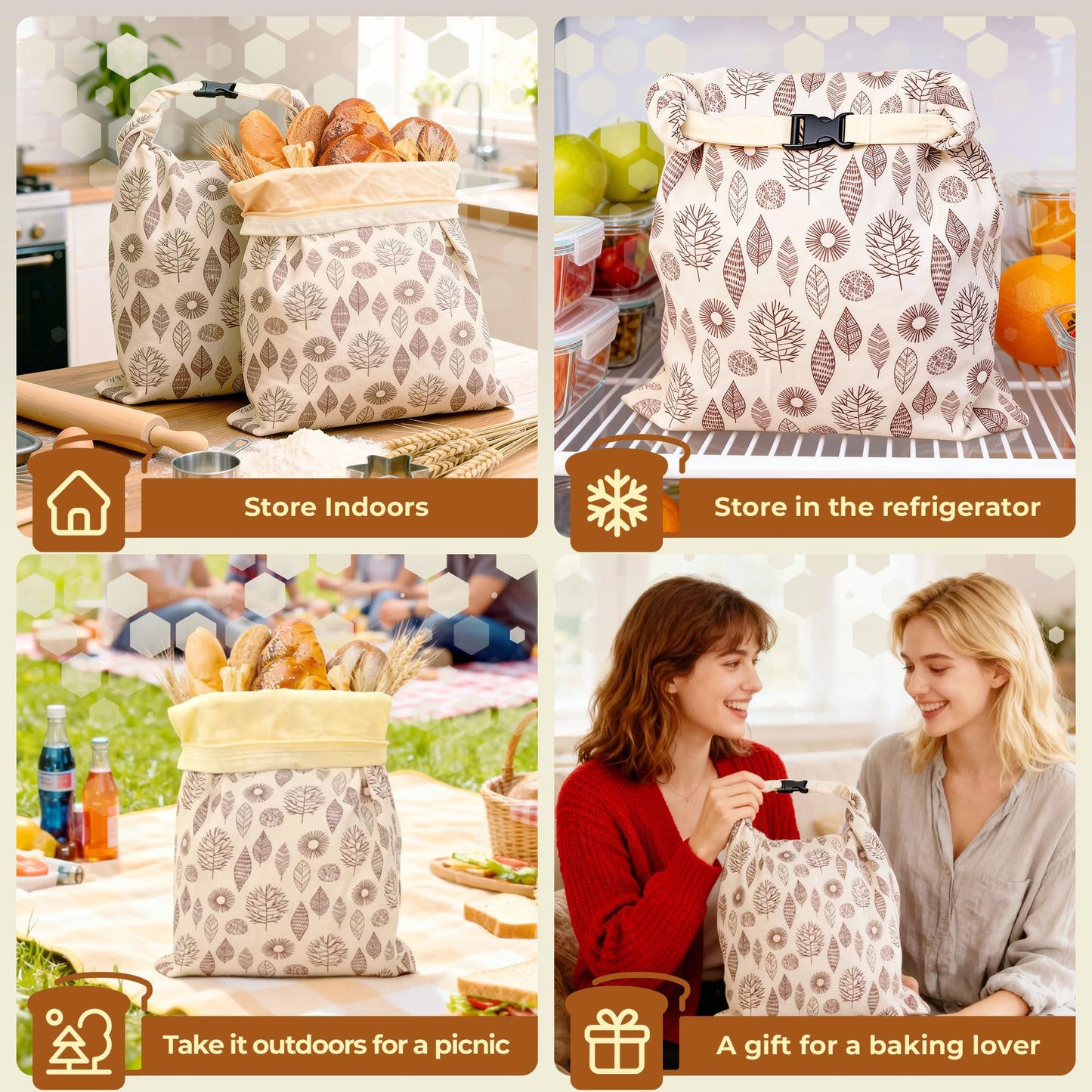OHIYO Reusable Beeswax Bread Bags for Freezer & Refrigerator, Natural Beeswax-Lined Cotton Storage Bags Airtight Freshness Keeper for Homemade, Bakery Essentials (2 Pack)