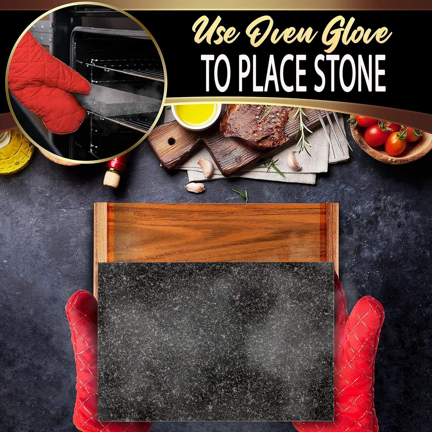 Nutrichef Hot Stone Steak Serving Set – Natural Granite Cooking Stone with Wooden Tray, Keeps Food Hot Longer, Restaurant-Style Steak, Seafood & Appetizer Platter