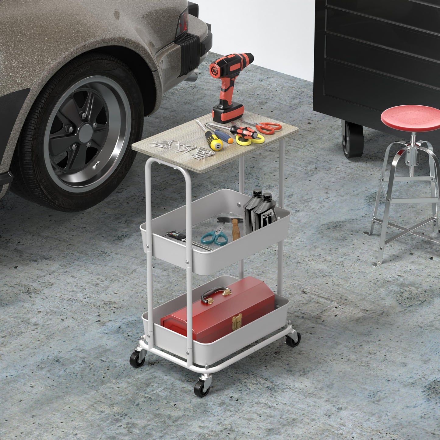 Simple Houseware 3-Tier Metal Rolling Utility Cart with Wooden Top and Lockable Wheel, Storage Organizer Trolley for Kitchen, Bathroom, Office, Craft Room, Maple