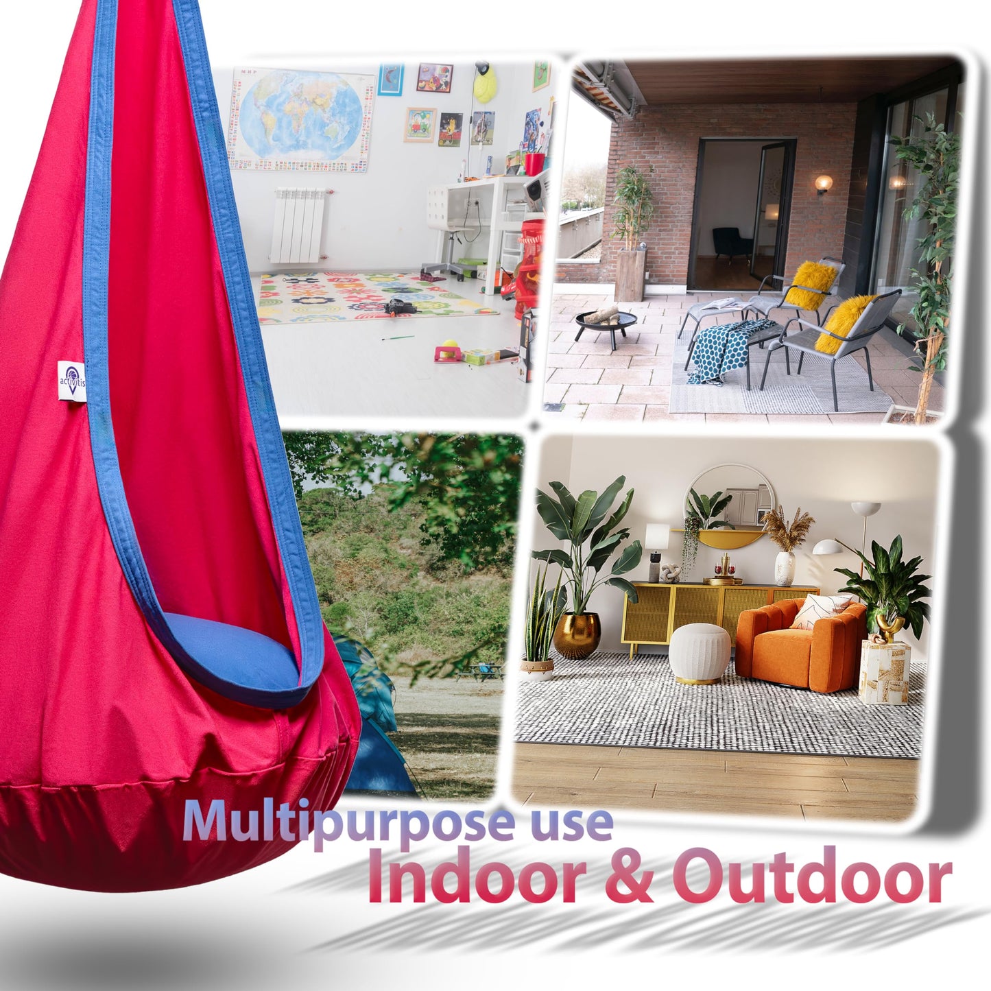 ACTIVITIS Kids Pod Swing Seat, Child Hanging Hammock Chair with Inflatable Seat Cushion, Sensory Room Swing Seat for Indoor and Outdoor Use with Inflatable Pillow, 100% Cotton, Durable Portable
