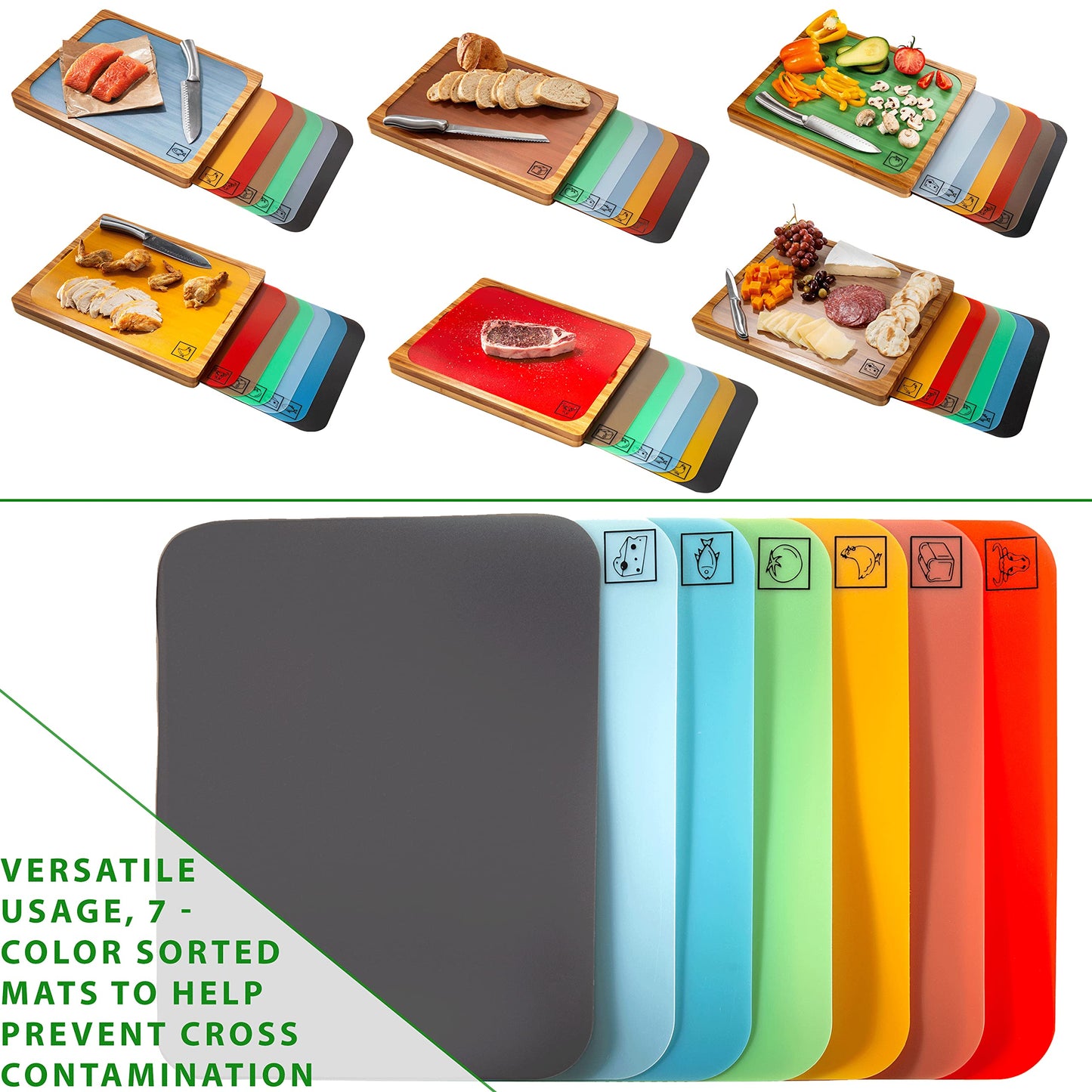 Seville Classics Bamboo Premium Wood Cutting Board Serving Tray w/ 7 Color-Coded BPA-Free Mats, for Chopping Bread, Cheese, Fruits, Vegetables, Meats, Charcuterie (Patented), Bamboo (New Model)