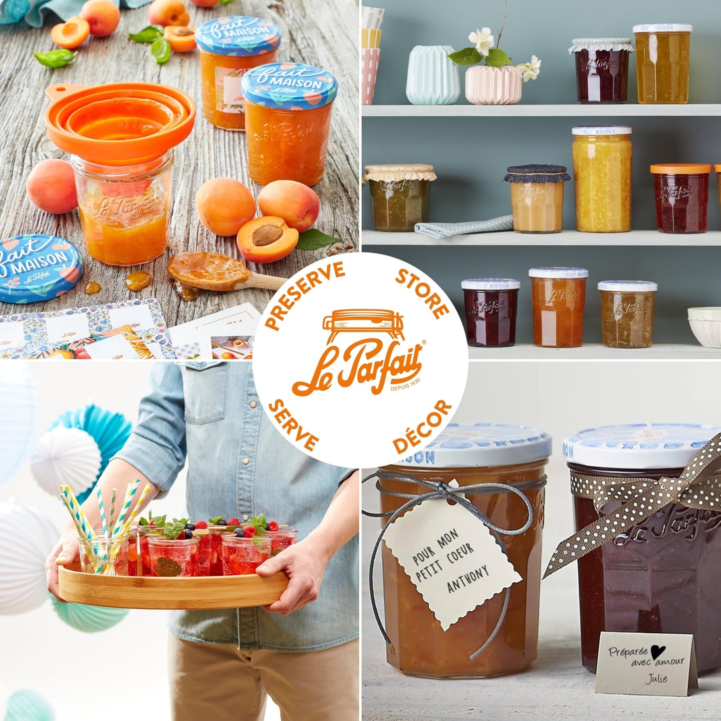 Le Parfait Jam Jars Clear Canning Jars w/Colorful Airtight Metal Lids | Sturdy French Faceted Non-Slip Glass Body | Works for Jam + Jelly Storage, Snacks, Picnic, DIY| 11oz (Pack of 6) 324ml