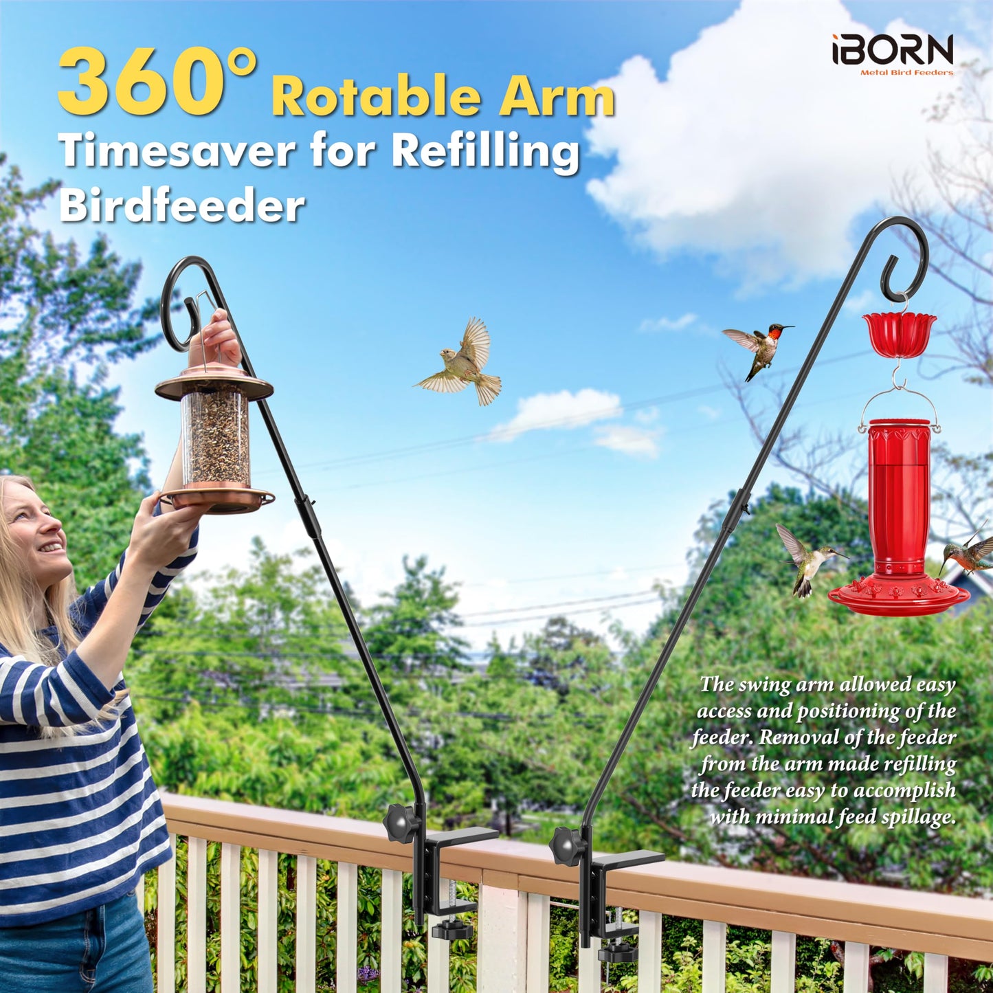 iBorn Deck Hook for Bird Feeder, Hummingbird Feeder Hanger for Deck Railing, Heavy Duty Deck Hanger for Outdoors Hanging, 360° Rotatable Arm, Solid Wire, 28 Inch, Pack of 1