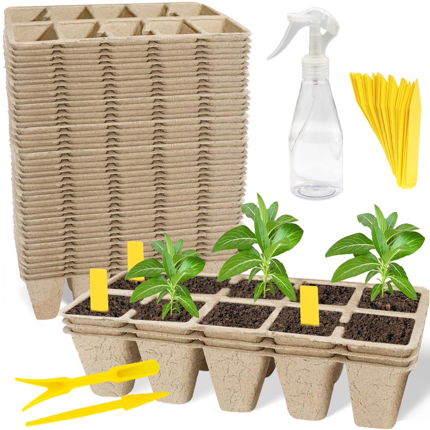 SORANGEUN 400 Cells Seed Starter Tray, 40 Pack Biodegradable Seed Starter Kit, Seedling Peat Pots with 400 Seedling Labels, 2 Seed Planting Tool and 1 Spray Bottle
