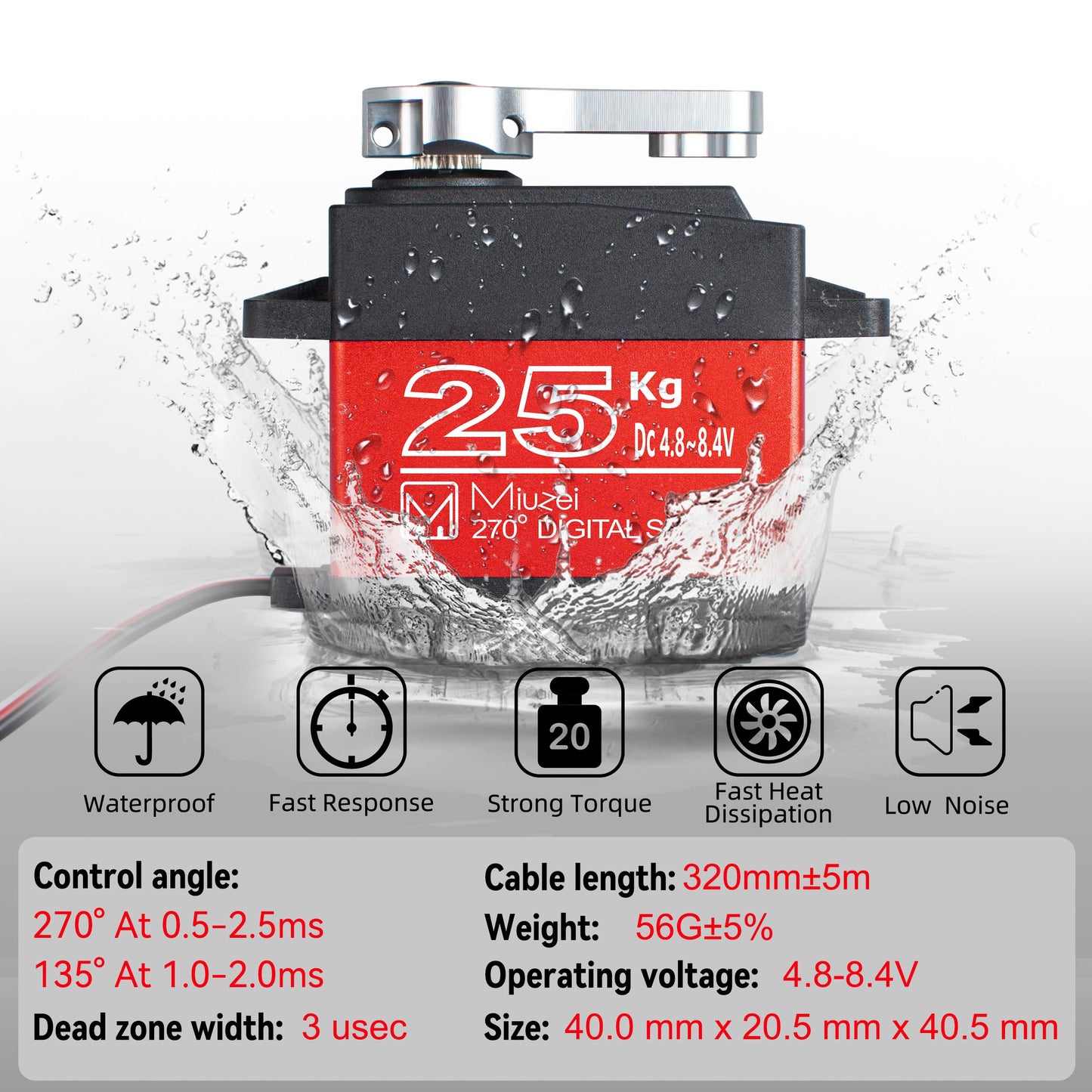 25KG High Torque RC Servo, Miuzei Waterproof Servo Motor Compatible with 1/6, 1/8, 1/10 RC Car, Full Metal Gear Steering with 25T Horn 270 Degree (2)