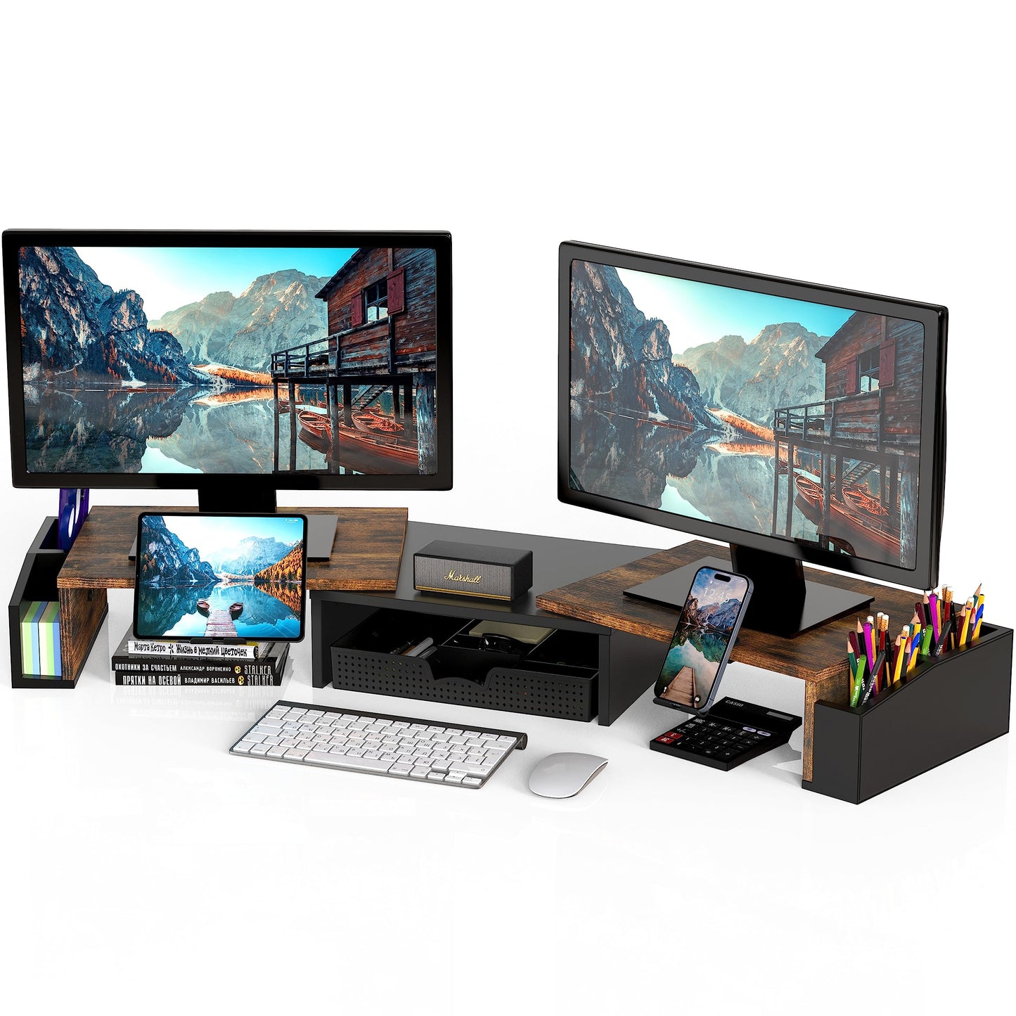 Simple Houseware Dual Monitor Stand Riser of Adjustable Length and Angle Shelf with Holder and Drawer, Rustic Brown