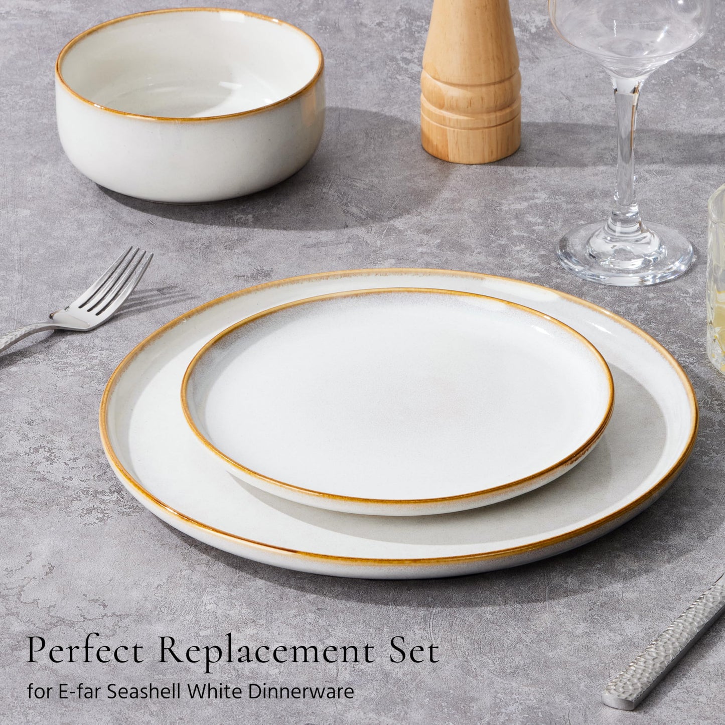 E-far 10.5” Ceramic Dinner Plates Set of 6, Large Reactive Glaze Stoneware Dishes, Round Salad Plate for Home Kitchen Restaurant, Microwave & Dishwasher Safe – Seashell White
