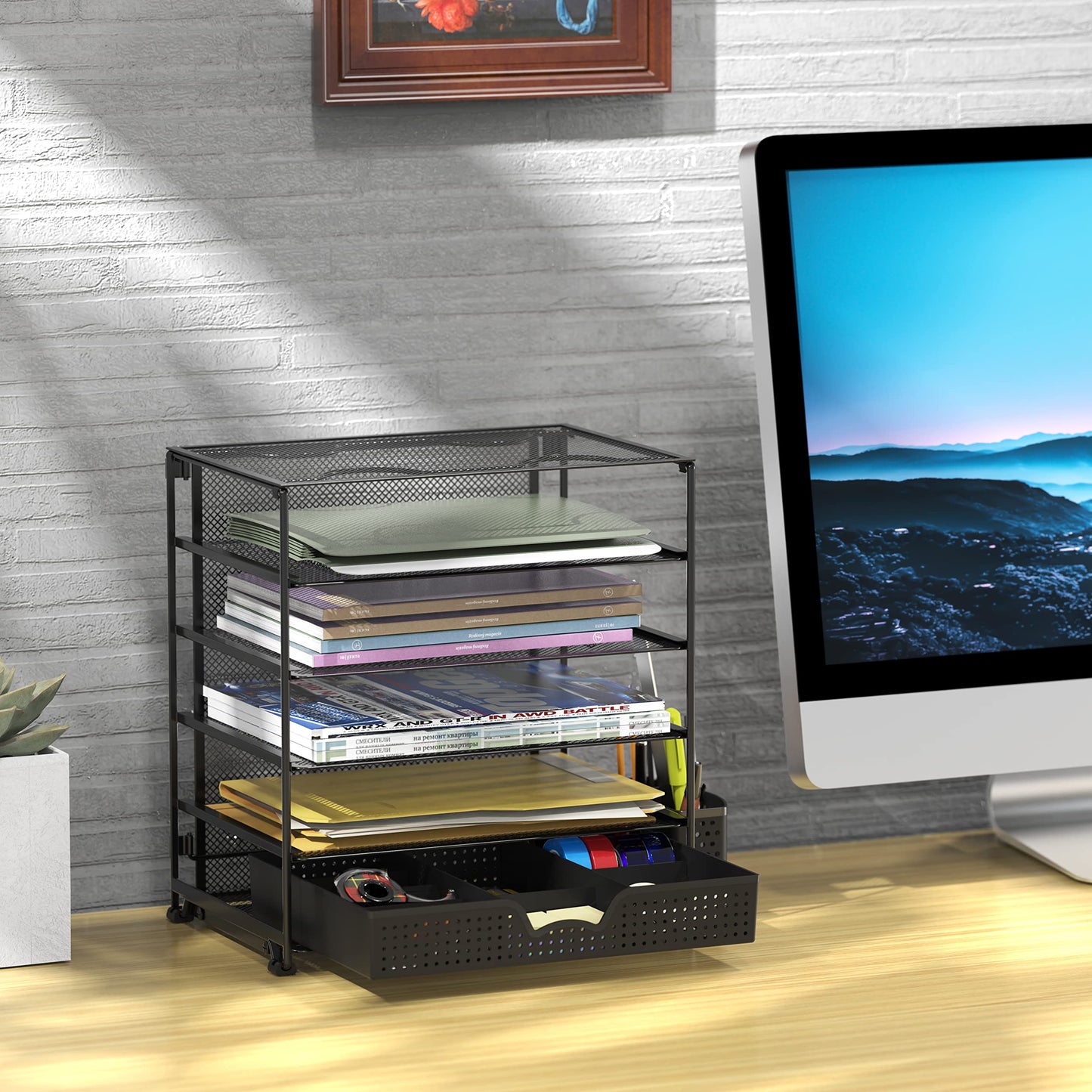 Simple Houseware 5-Tier Desktop Document Tray Organizer with Sliding Drawer and Pen Holder, Black