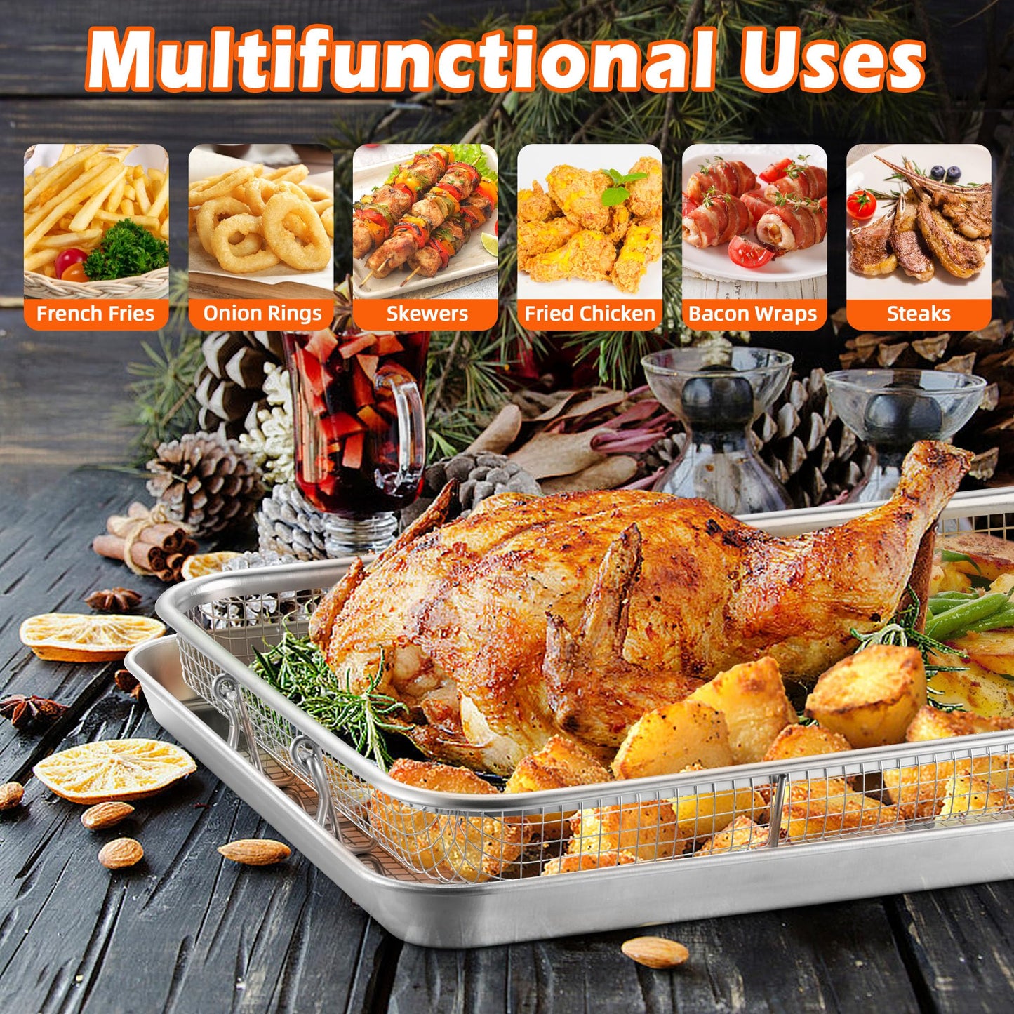 TeamFar Air Fryer Tray and Basket, 16”x12” Stainless Steel Air Fryer Basket for Oven, Oven Rack with Baking Pan for Cooking Baking Broiling Grilling, Heavy Duty & Dishwasher Safe