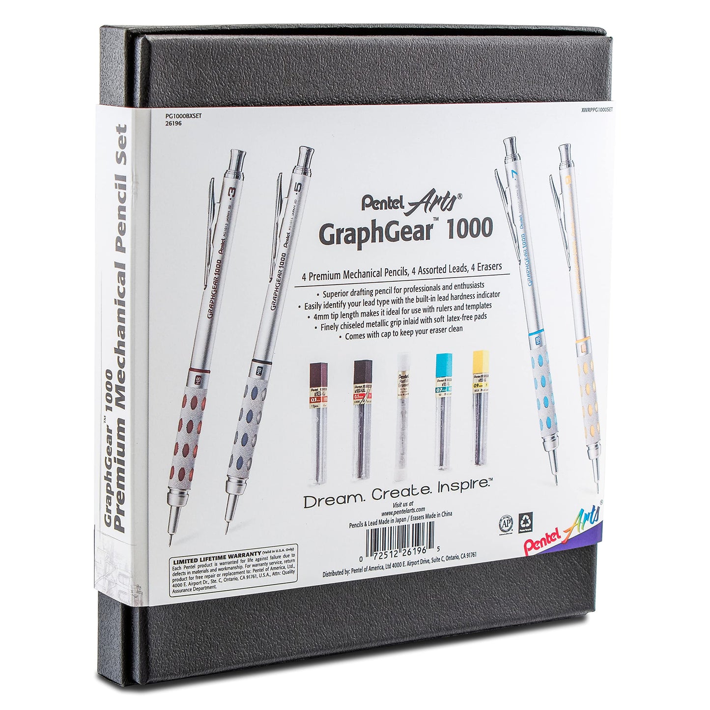 Pentel Arts GraphGear 1000 Premium Mechanical Drafting Pencil Set, Rectractable, For Students, Architects, Engineers, Artists, 4 Assorted Mechancical Pencils and Leads, Refill Erasers, Box Set