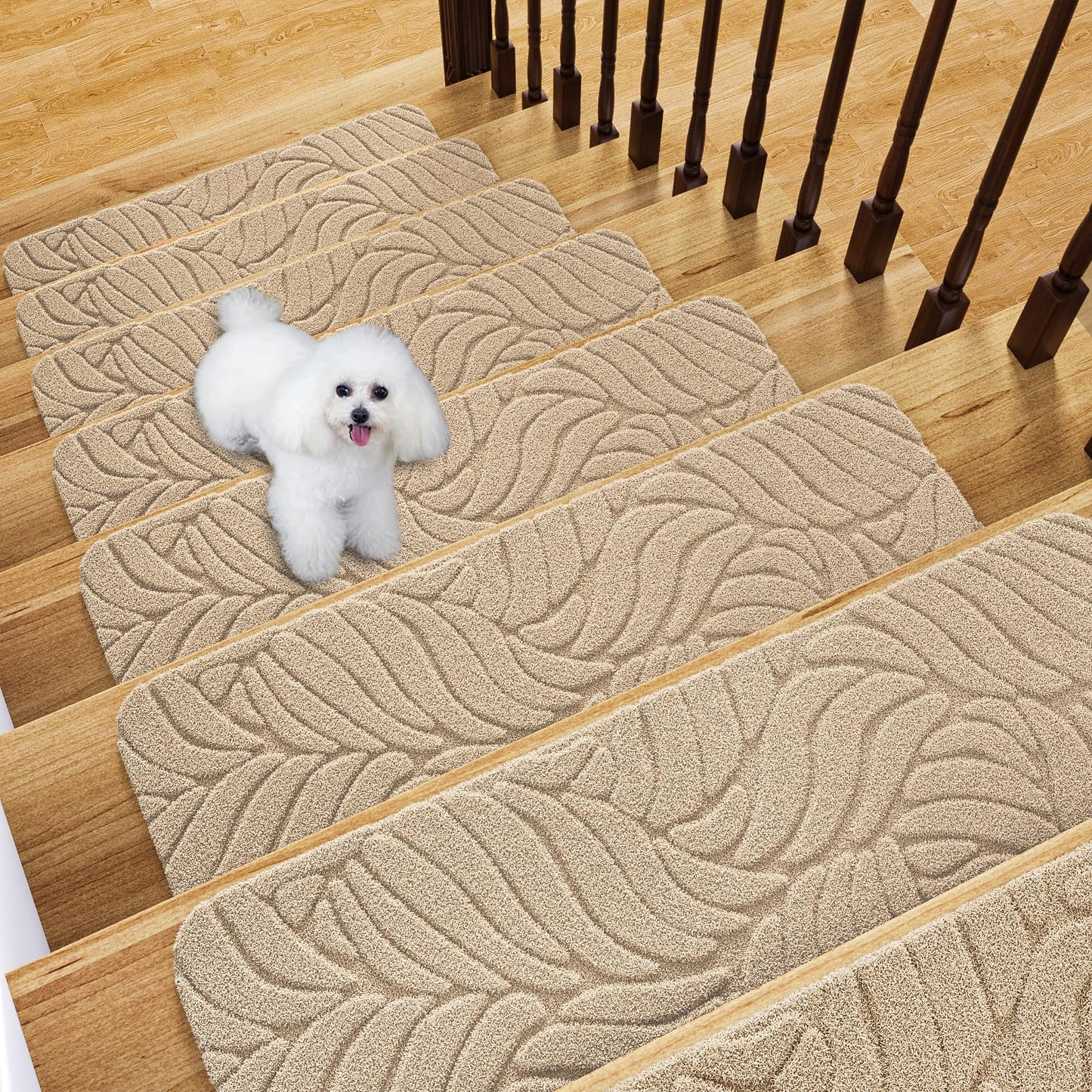 Fixmend Stair Treads Non Slip for Wooden Steps, 8" X 30" (15-Pack) Stair Runner Carpet Treads Indoor with Reusable Adhesive, Stairslide Carpets Rugs Safety Mats for Elders, Kids & Dogs, Beige Leaf