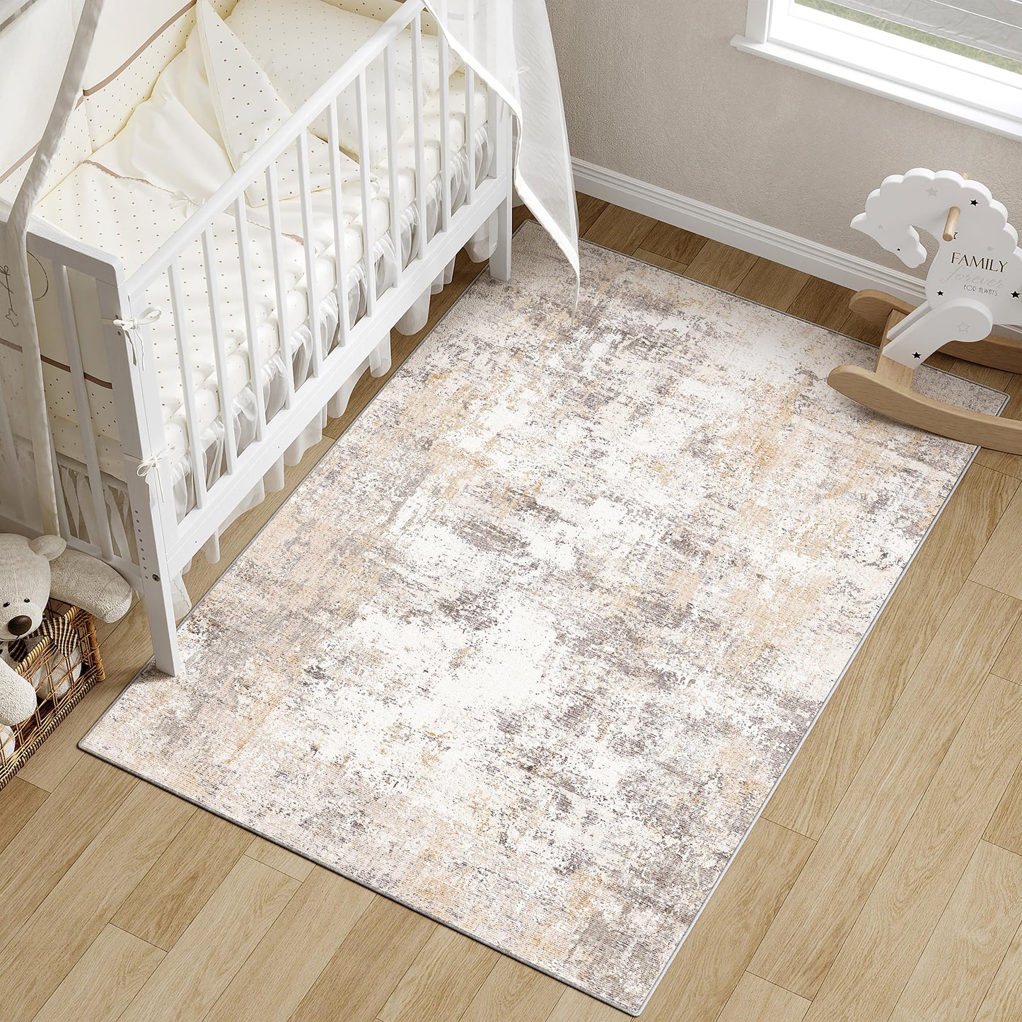 WondRg 3x5 Washable Area Rug for Entryway Non-Slip Beige Grey Neutral Carpet Low Pile Soft Thin Tapis Salon Abstract Modern Vacuumable Lightweight Small Door Mat for Entrance Kitchen Bedroom Indoor