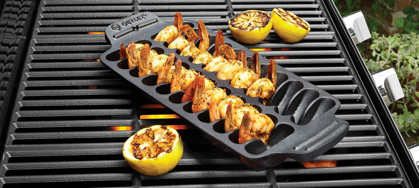 Outset 76375 Cast Iron Shrimp Pan, Shrimp Grill Pan Black 6.25 x 13.25 x 2 inches