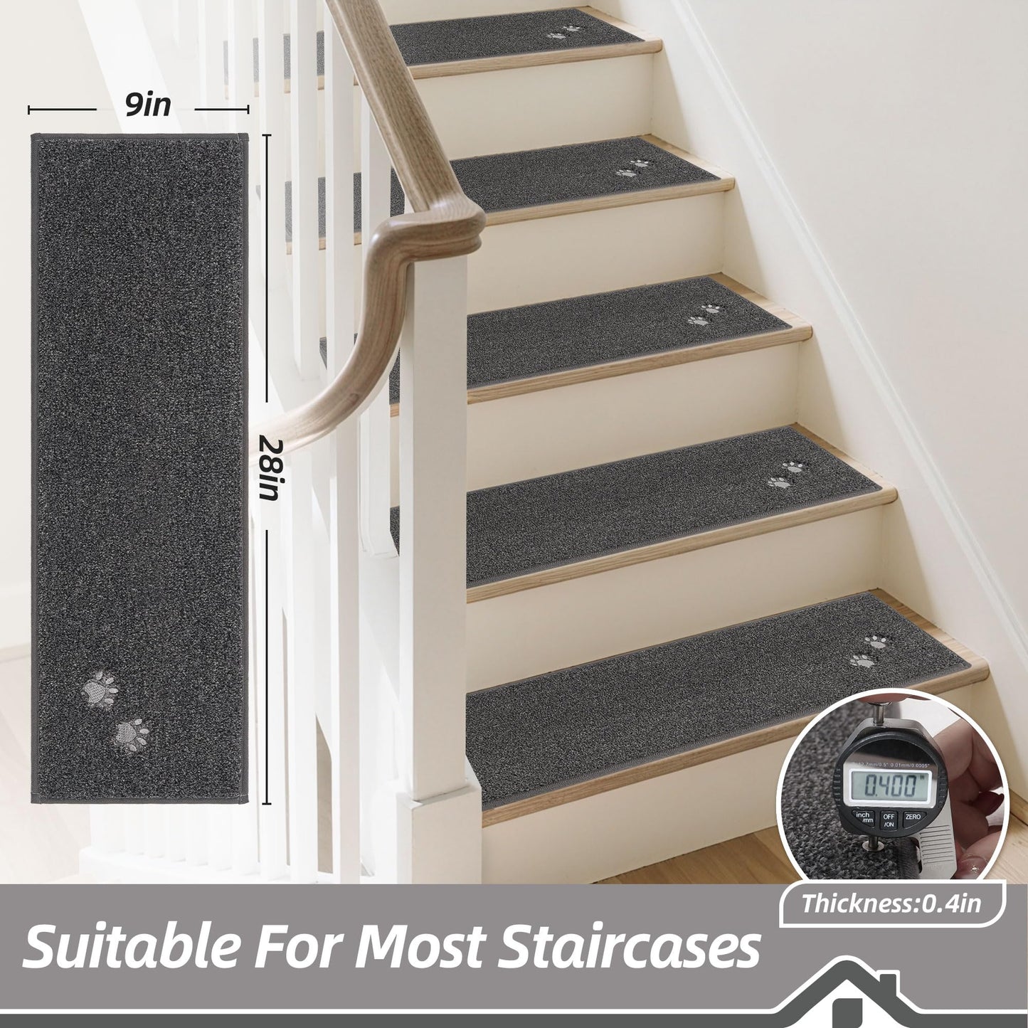 BEQHAUSE Stair Treads for Wooden Steps Non-Slip Machine Washable Carpet Stair Treads 28"X9" Soft Indoor Stair Runner for Kids Elders and Pets, 100% Polyester, 4pcs, Dark Grey