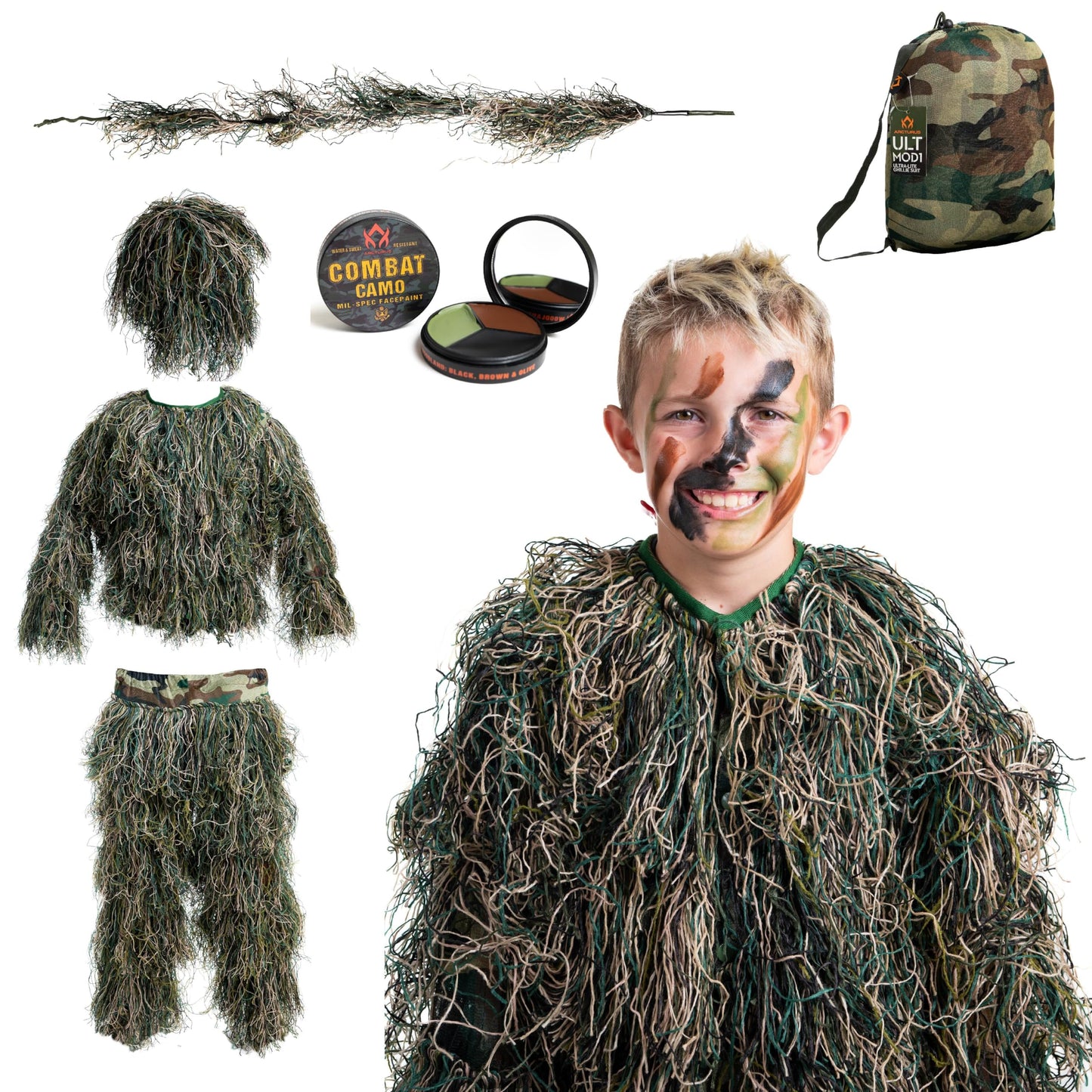 Arcturus Ultra-Lite Kids Ghillie Suit | Includes Bonus 3-Color Face Paint | Army | Sniper | Bush Halloween Costume