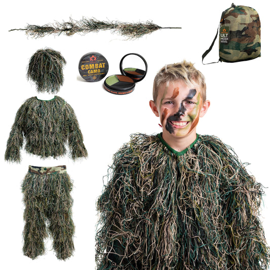 Arcturus Ultra-Lite Kids Ghillie Suit | Includes Bonus 3-Color Face Paint | Army | Sniper | Bush Halloween Costume