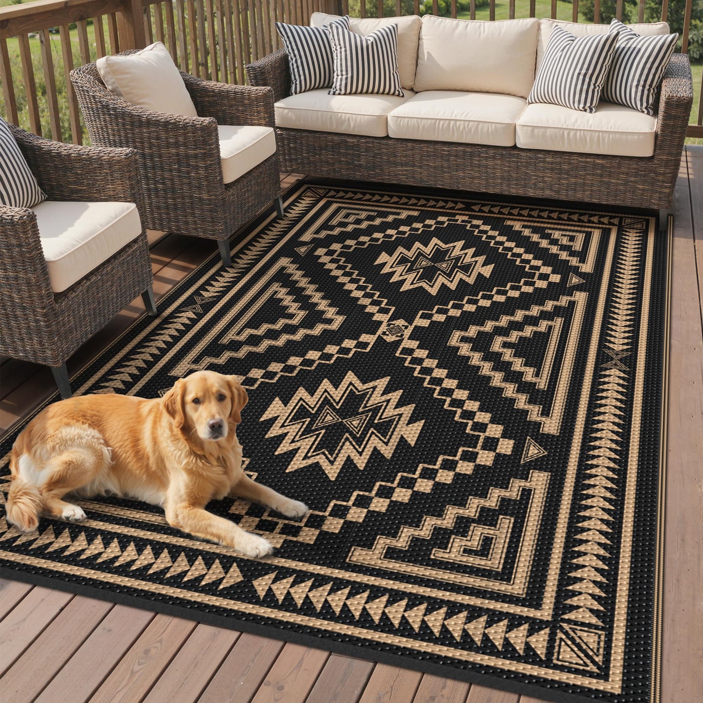 GENIMO Outdoor Rug for Patio Clearance - 5x8 ft Waterproof Plastic Camping Rugs, Reversible Outside Rv Mat Carpet for Porch, Deck, Picnic, Balcony, Beach, Backyard, Black Brown