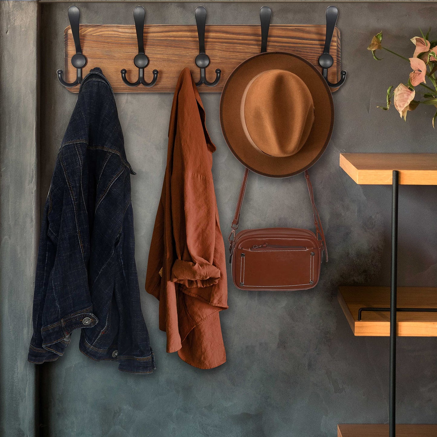 WEBI Coat Rack Wall Mount,Coat Hooks Wall Mounted,16'' Hole to Hole,Wood Coat Hanger Wall,Hook Rack Rail,5 Triple Hooks for Hanging Coats,Jacket,Clothes