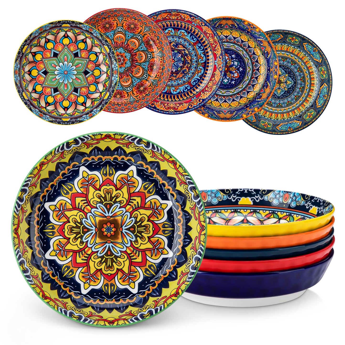 vancasso 32 Oz Pasta Bowls Sets of 6, Ceramic Large Colorful Salad Serving Bowls for Kitchen, Dishwasher & Microwave Safe, Pasta Plates, Dishwasher & Microwave Safe, Series KRVI