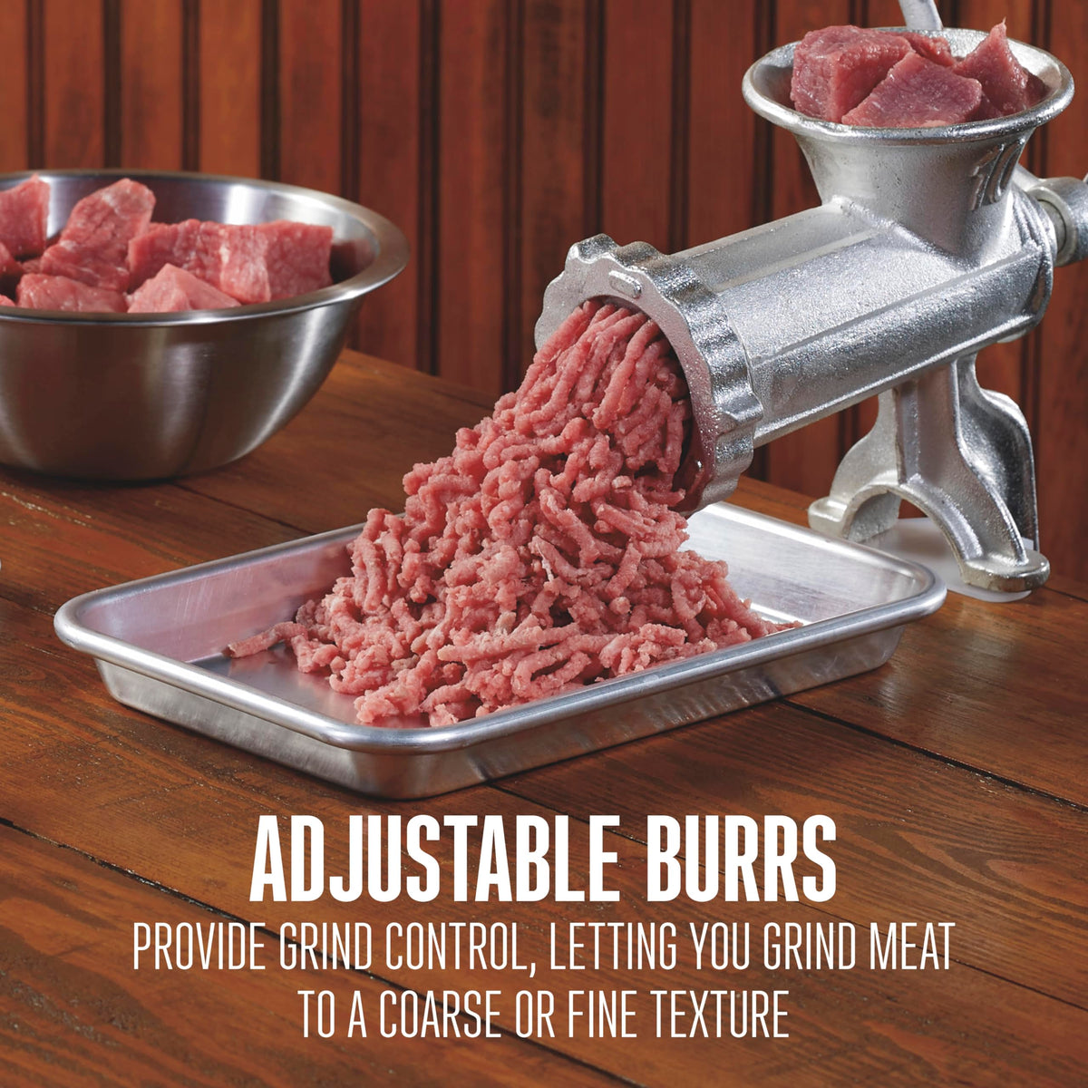 Weston #10 Manual Tinned Meat Grinder and Sausage Stuffer, 4.5mm & 10mm plates, + 3 sausage funnels,SAdjustable Burrs, Portable,Silver, 36-1001-W