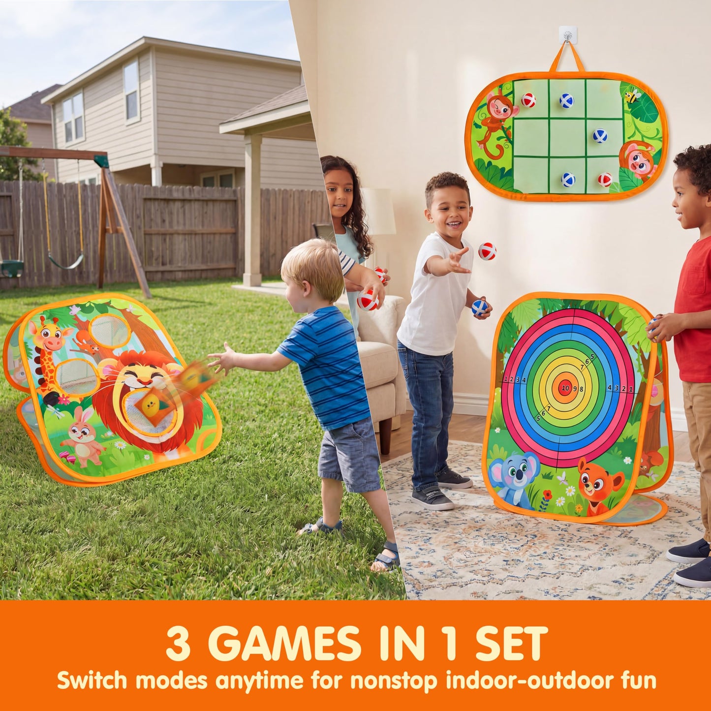 JOYIN 3-in-1 Animal Bean Bag Toss Game for Kids, Portable Corn Hole Games with Tic Tac Toe & Dartboard, Outdoor Toys for Party Yard Beach Lawn, Birthday Gift for Boys Girls Toddlers
