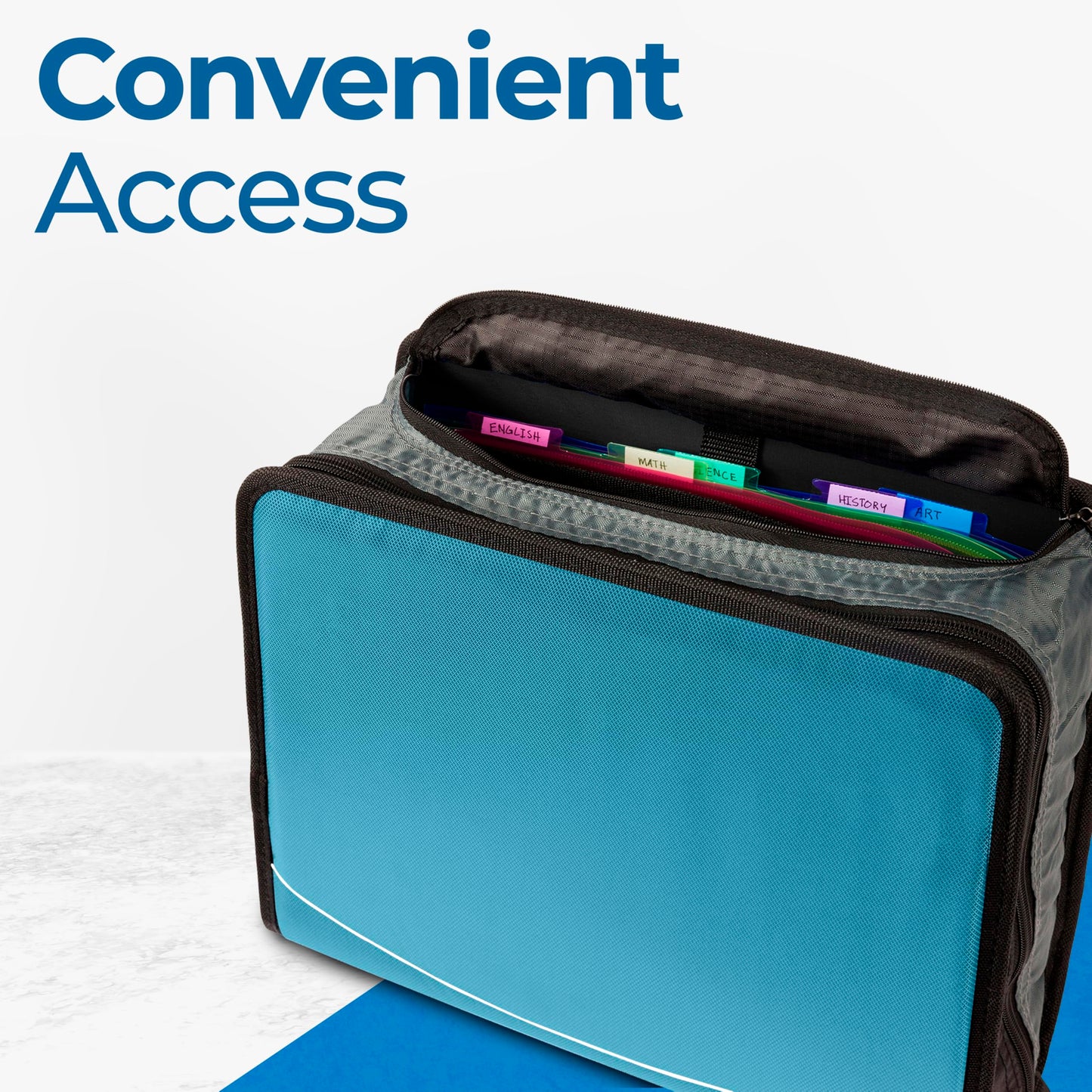Case-it The Mighty Zip Tab Zipper Binder - 3 Inch O-Rings - 5 Color Tab Expanding File Folder - Multiple Pockets - 600 Sheet Capacity - Comes with Shoulder Strap - Aqua Marine D-146
