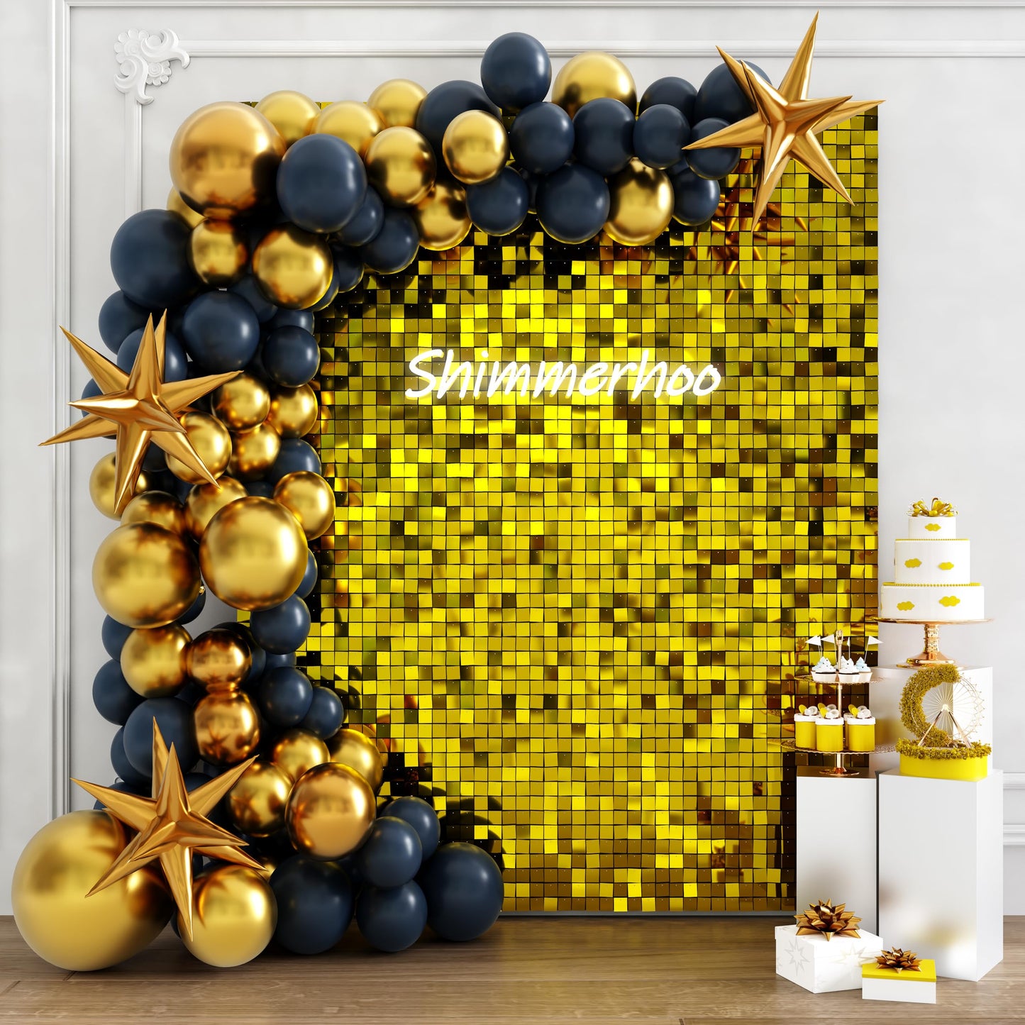 Shimmer Wall Backdrop-24 Panels Square Sequin Party Backdrop, Photo Backdrops for Birthday, Anniversary, Wedding, Graduation Party Decoration (Gold)