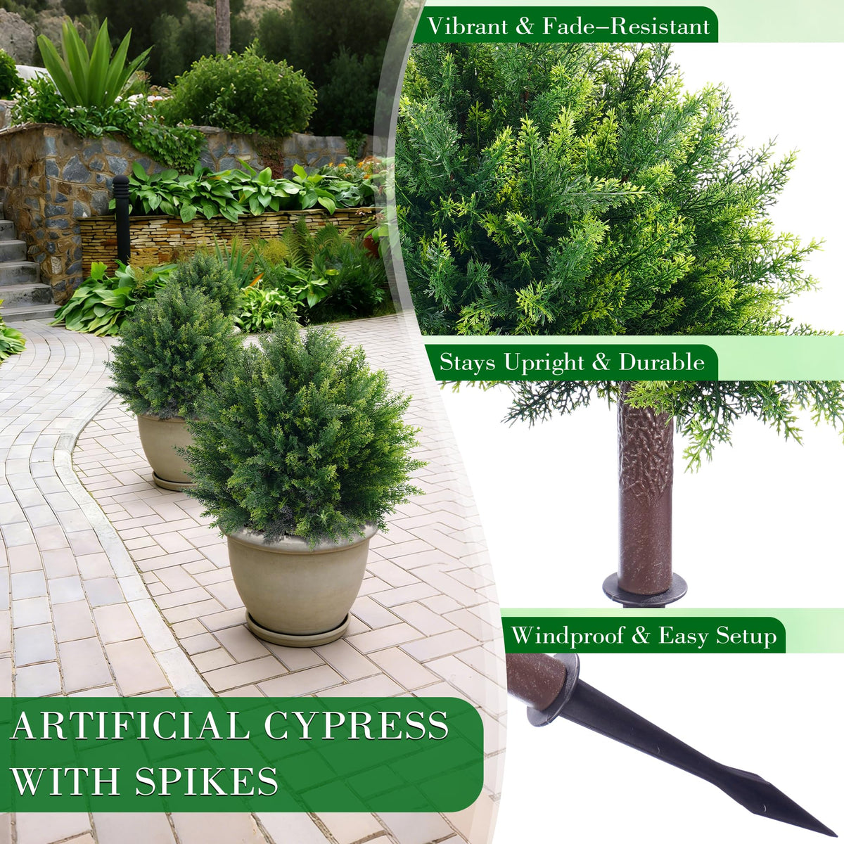 Artificial Cedar Tree, 28'' Cedar Topiary Ball Trees Outdoor, Faux Cypress Shrubs with Ground Spike UV Resistant Faux Plants for Planters, Fake Bushes Front Porch Outside Spring Garden Decor